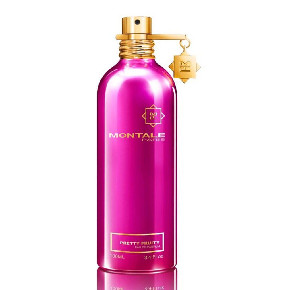 Rosa Flakon mit goldenem Verschluss. Aufschrift: MONTALE PARIS, PRETTY FRUITY. Anhänger mit Logo.