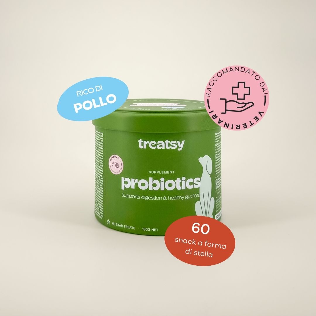 Grüne Dose mit „Treatsy Probiotika“. Aufkleber: „Rico di Pollo“ und „Racc. da veterinari“. 60 Stern-Snacks.