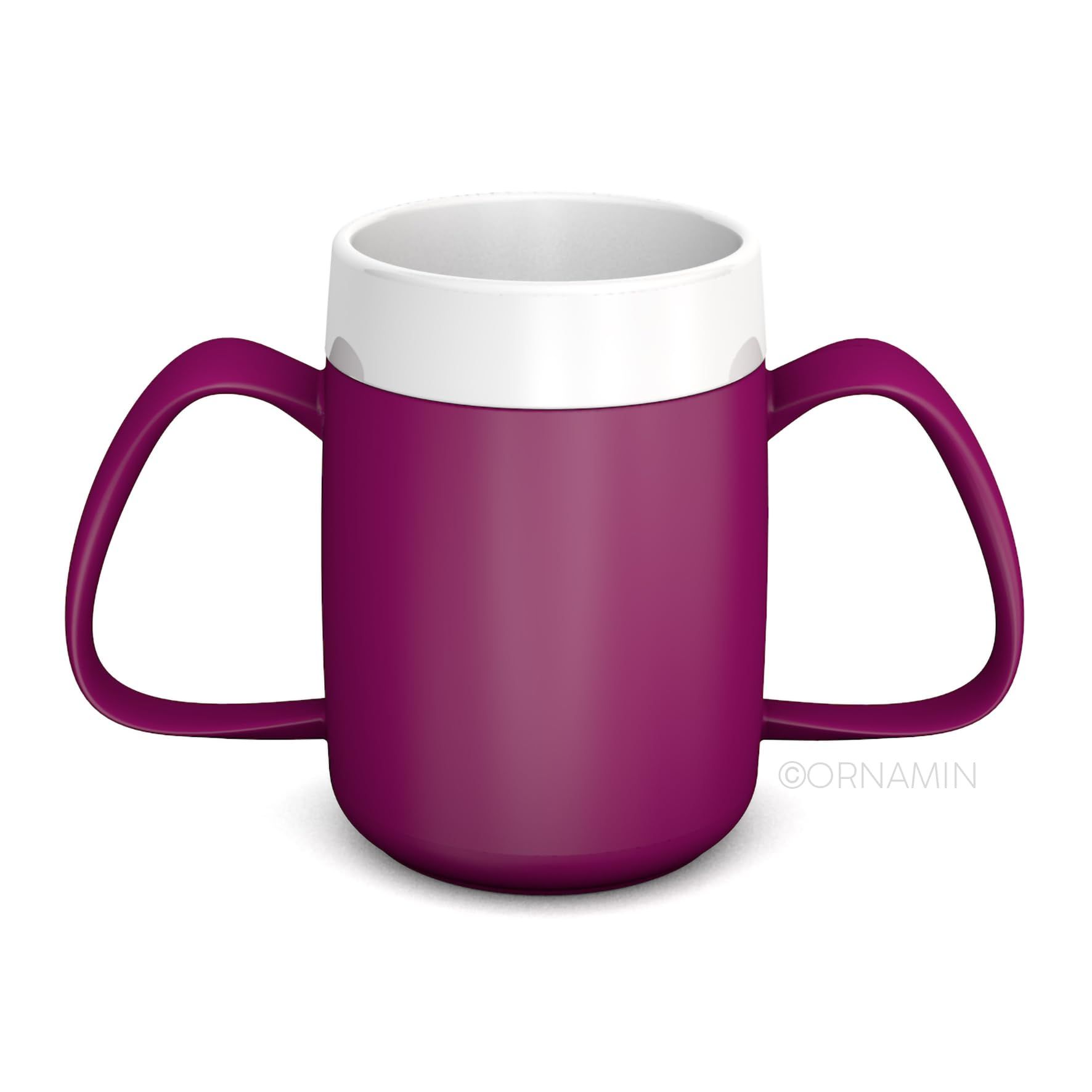 Lila Becher mit zwei Henkeln und weißem Rand. Copyright ORNAMIN.