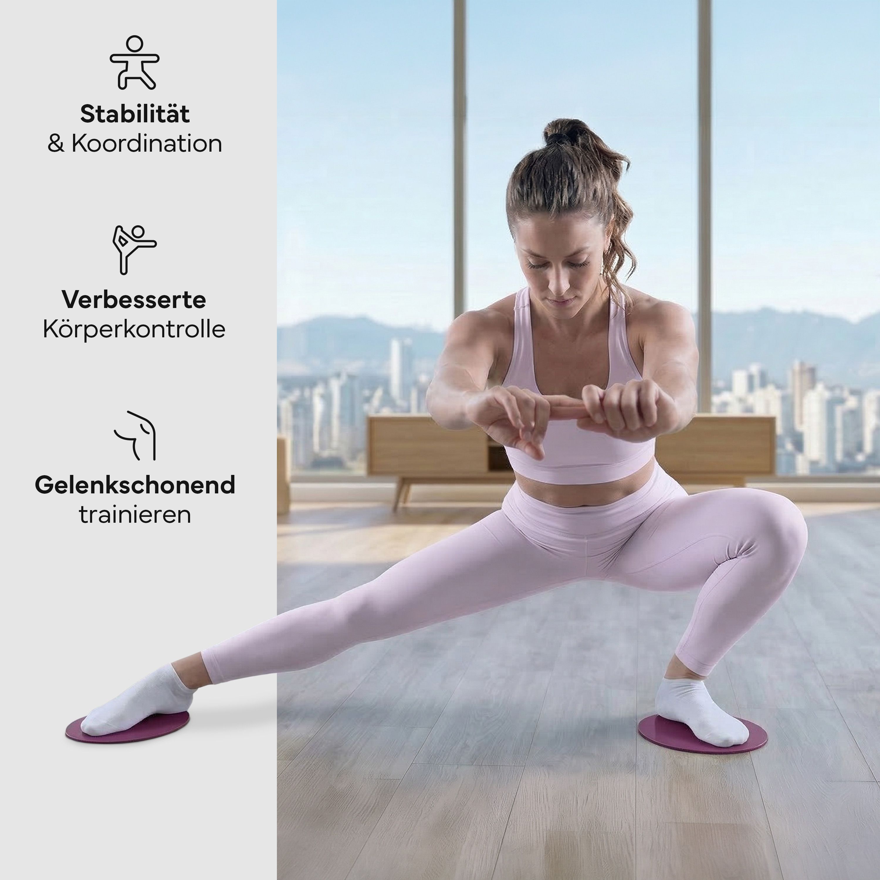 Frau in Ausfallschrittposition mit violetten Pilates-Slidern unter den Füßen für Stabilität und Koordination.