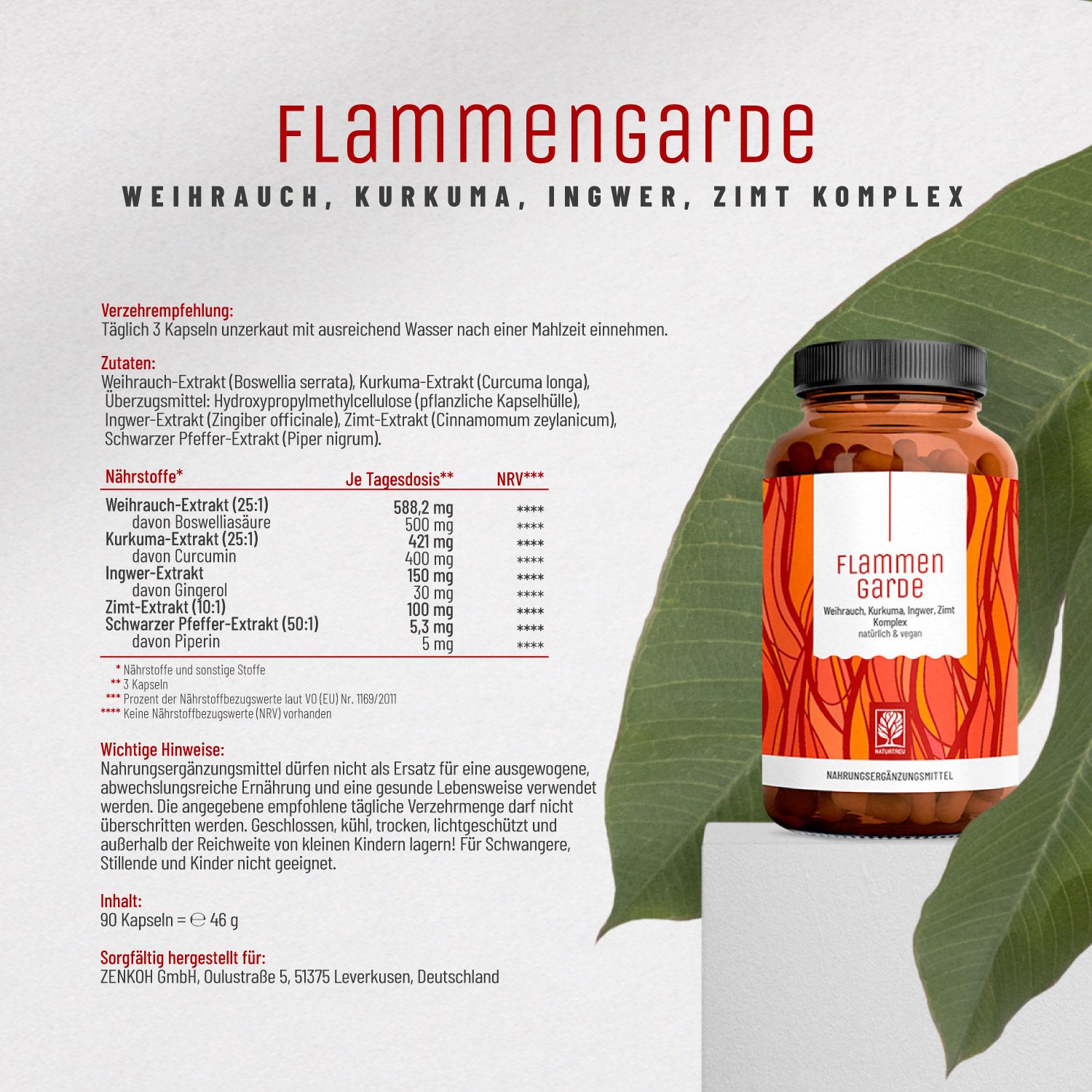 Produktflasche mit Etikett: Flammengarde. Text: Weihrauch, Kurkuma, Ingwer, Zimt Komplex. Text und Inhaltsstoffe.