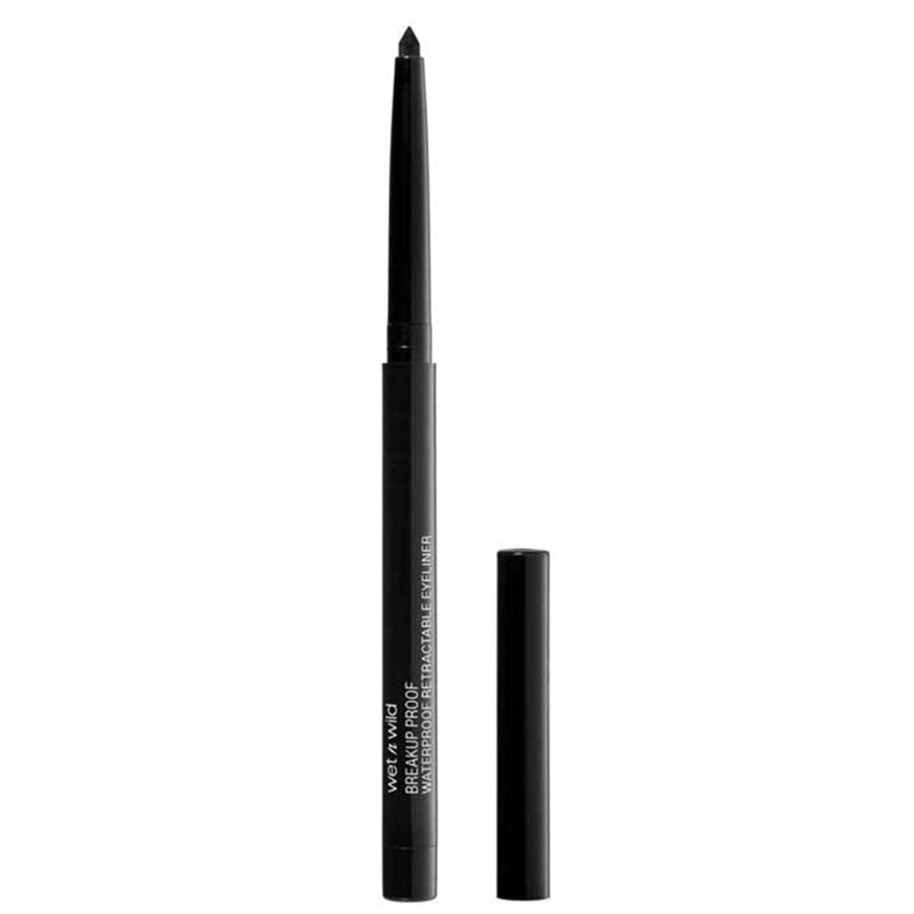 Schwarzer, ausziehbarer Eyeliner mit schwarzer Kappe. Auf dem Stift steht "Wet n Wild Breakup Proof Retractable Eyeliner".