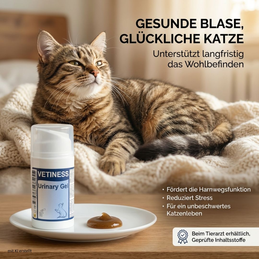 Weißer Pump-Spender mit "VETINESS Urinary Gel"-Etikett. Daneben ein Klecks Gel auf einem Teller. Katze liegt auf Decke.