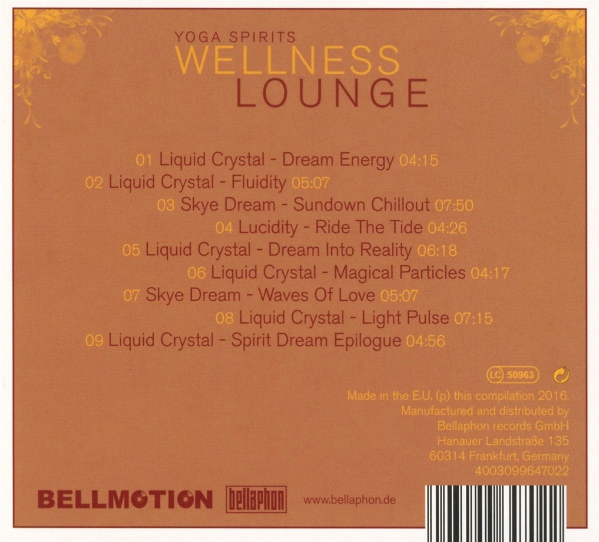Rückseite der Wellness Lounge CD. Titel: Yoga Spirits Wellness Lounge. Trackliste, Copyright-Informationen, Barcode.