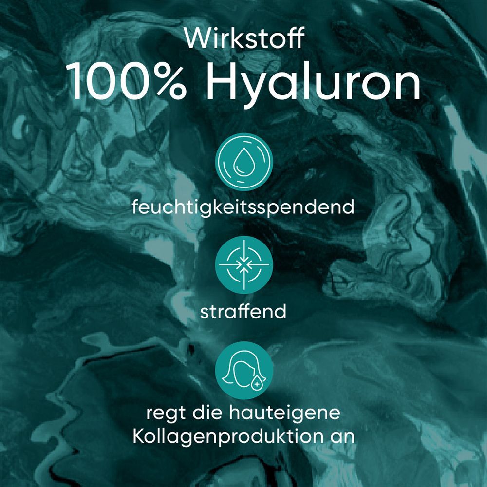 Grafik mit Text: Wirkstoff 100% Hyaluron. Icons: feuchtigkeitsspendend, straffend, regt Kollagenproduktion an.