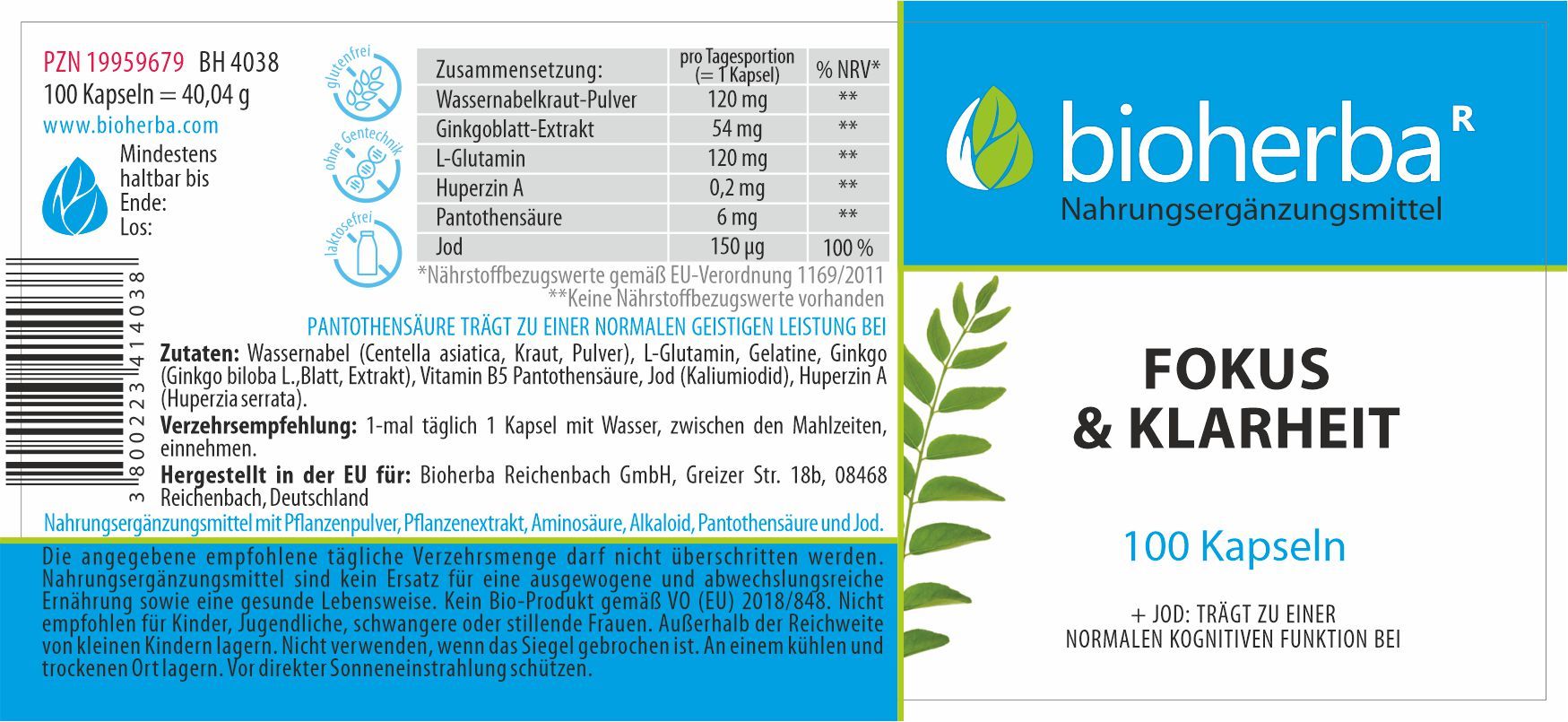 Bioherba-Kapseln, Fokus & Klarheit, 100 Kapseln. Blaue und weiße Verpackung mit Inhaltsangaben und Logo. Grünpflanze.