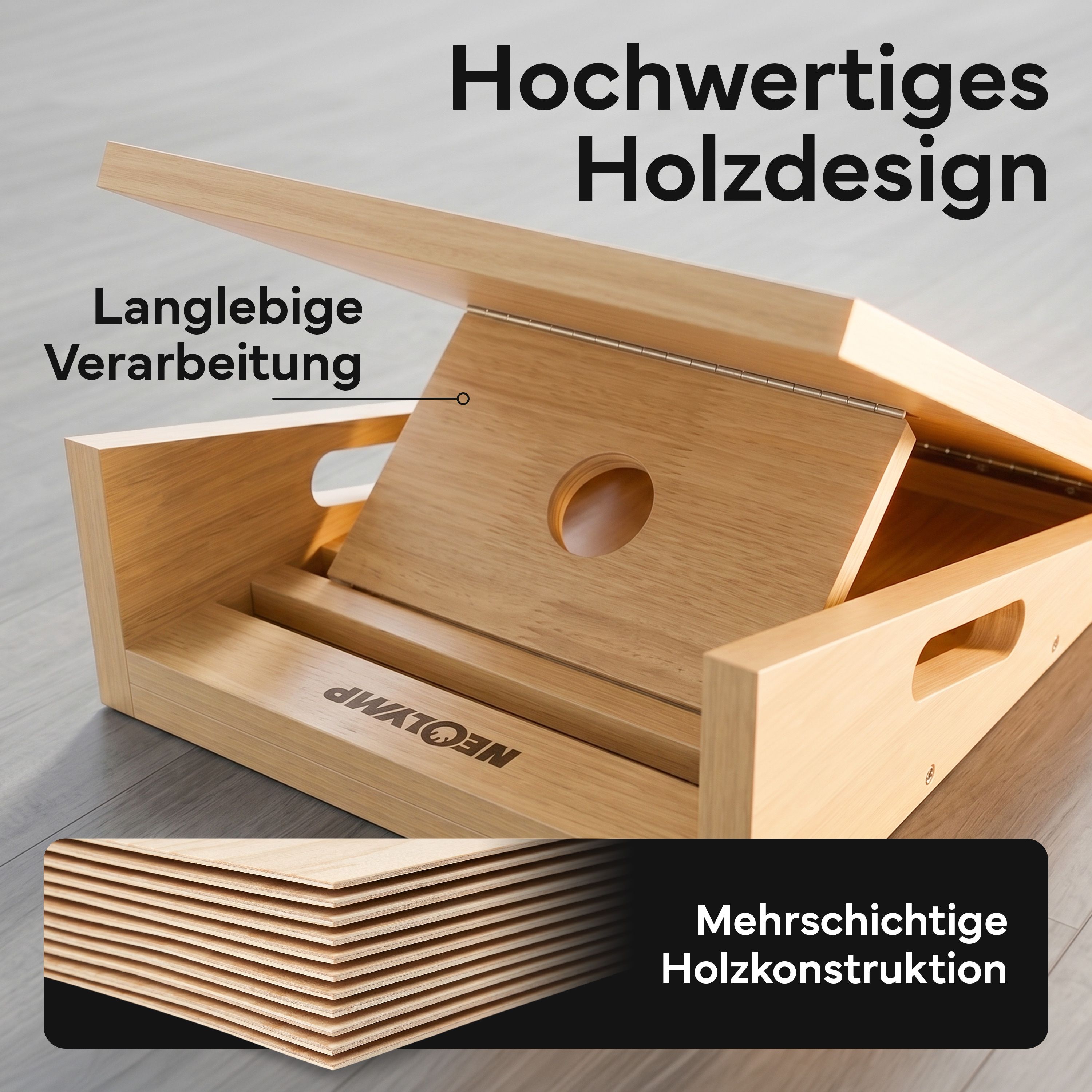 Detailansicht des Wadendehner Bretts aus mehrschichtiger Holzkonstruktion mit Griffmulden.