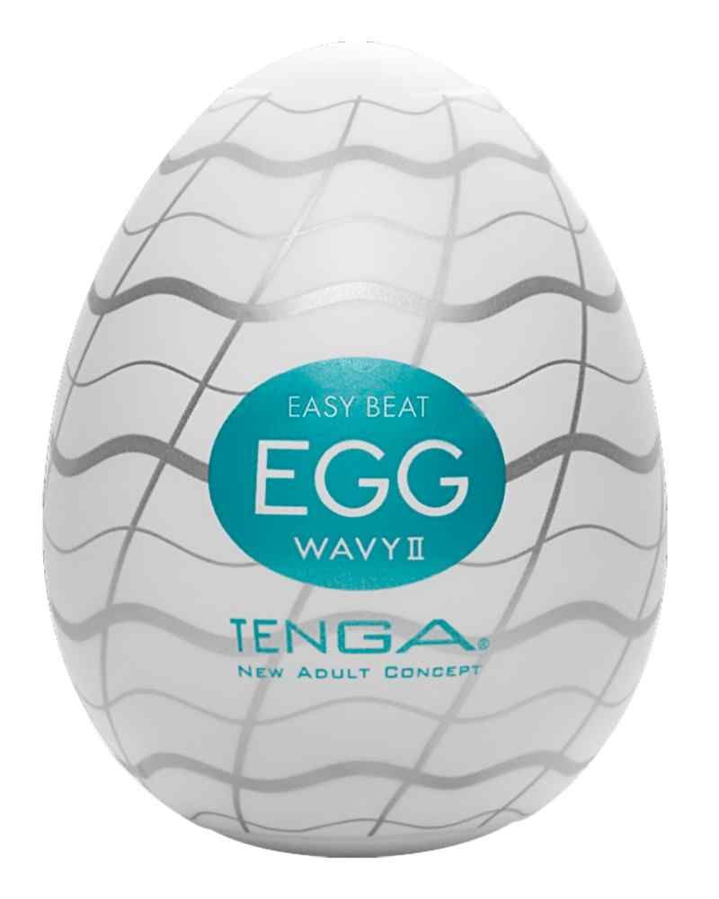 Weißes Ei mit wellenförmigem Muster. Aufkleber: EASY BEAT EGG WAVY II. Marke: TENGA.