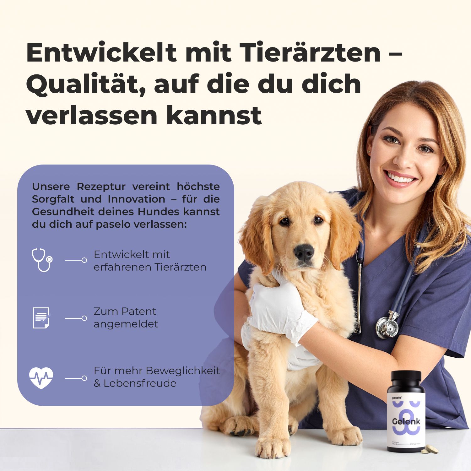 Hundewelpe mit Tierärztin und Flasche Gelenk-Supplement.
