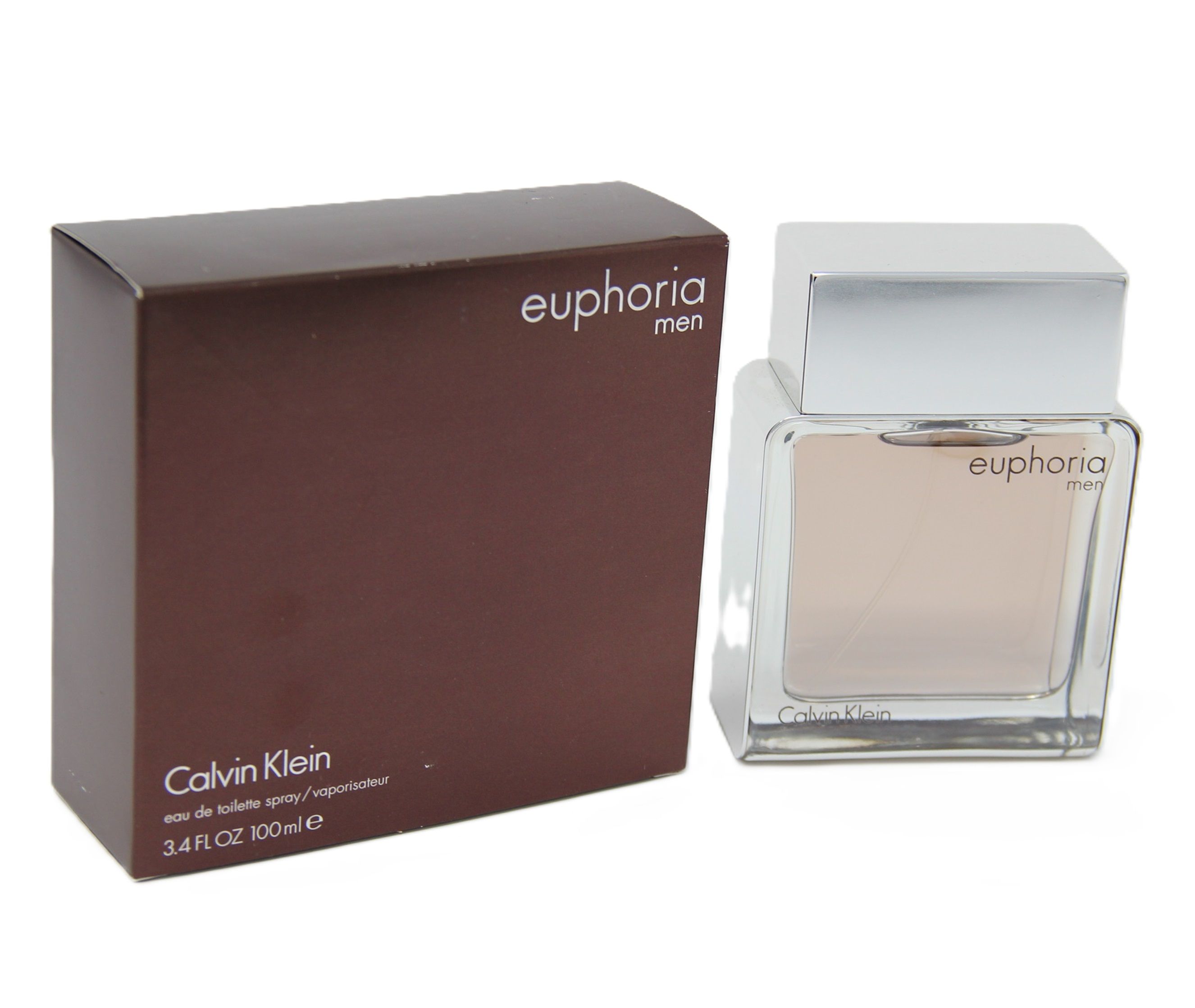 Calvin Klein Euphoria Men. Flakon und Verpackung. Eckiger Flakon mit silbernem Deckel. Braune Verpackung mit Schriftzug.