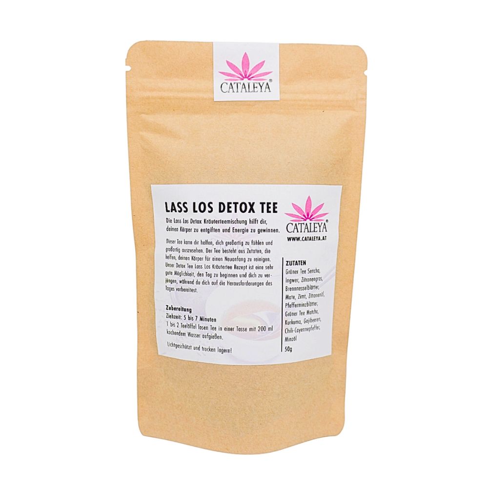 Beutel mit CATALEYA Lass Los Detox Tee. Braune Papierverpackung mit weißem Etikett und Logo. Zutatenliste.