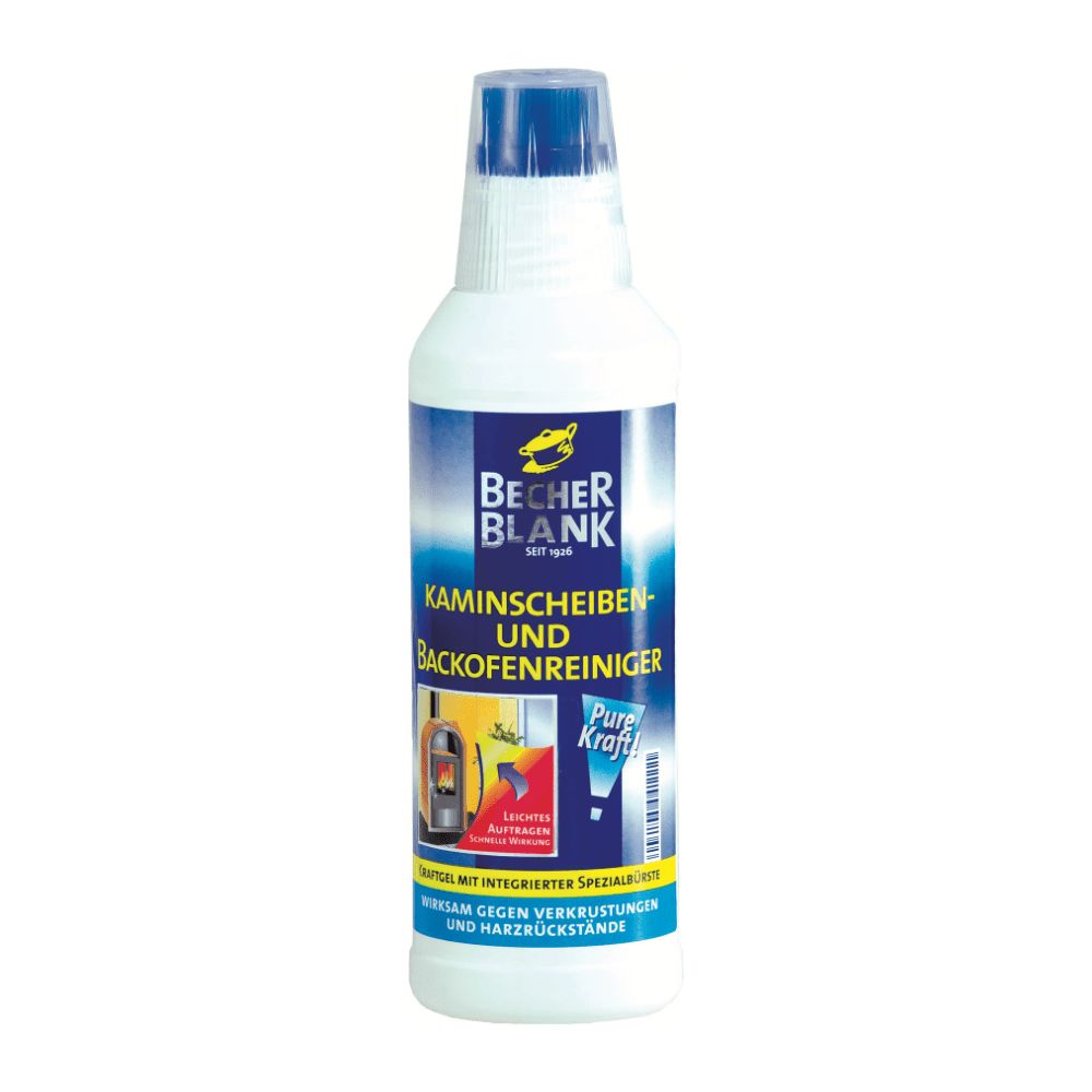 Weiße Flasche mit blauem Etikett. Aufschrift: Becher Blank Kaminscheiben- und Backofenreiniger. Mit gelbem Logo und Text.
