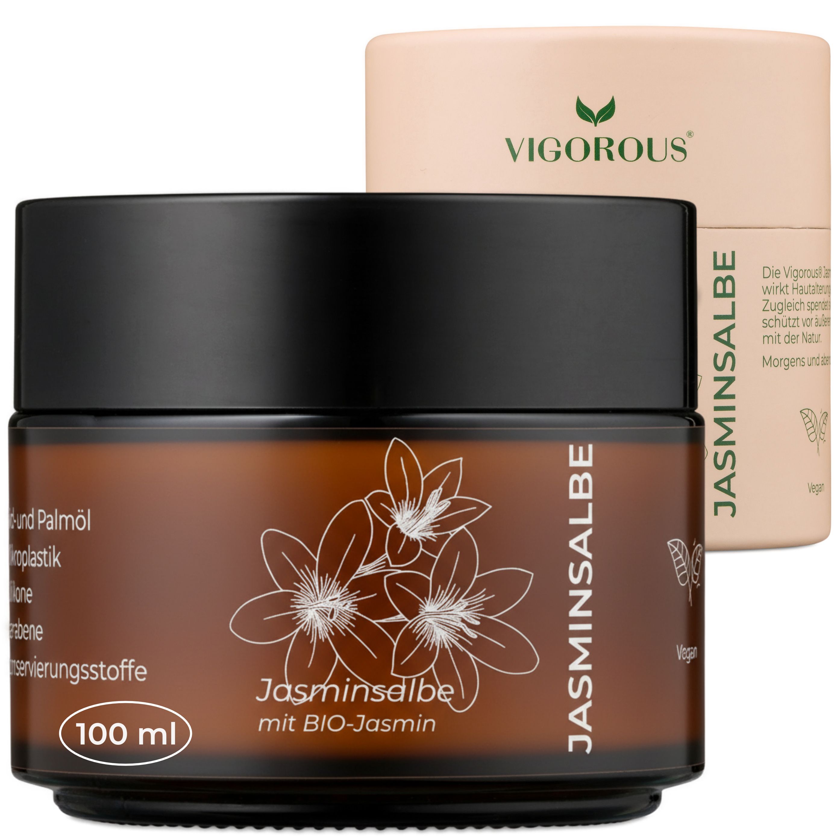Vigorous Jasminsalbe: 100 ml Tiegel mit BIO-Jasmin. Umverpackung mit Produktinformationen und Logo.