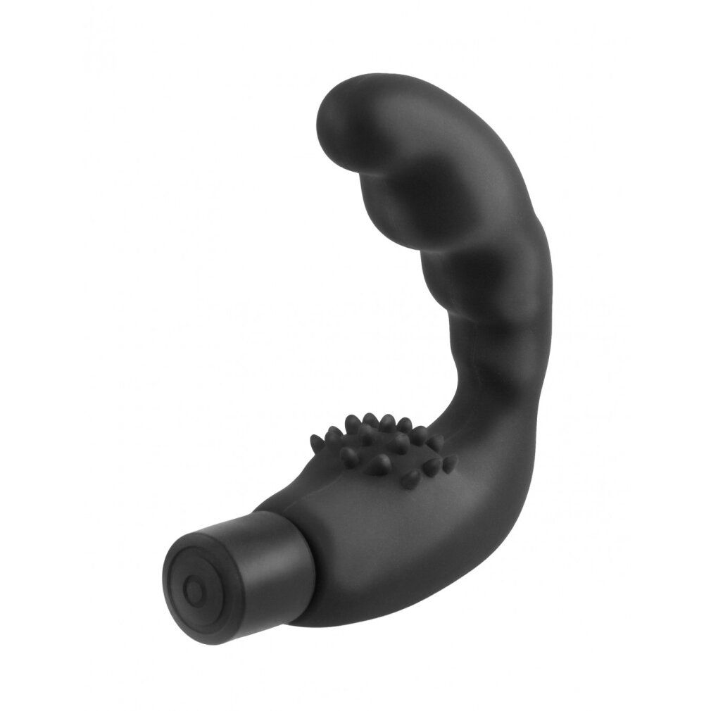 Schwarzes, gebogenes Wellness-Produkt mit strukturiertem Bereich und zylindrischem Ende. Ergonomisches Design.