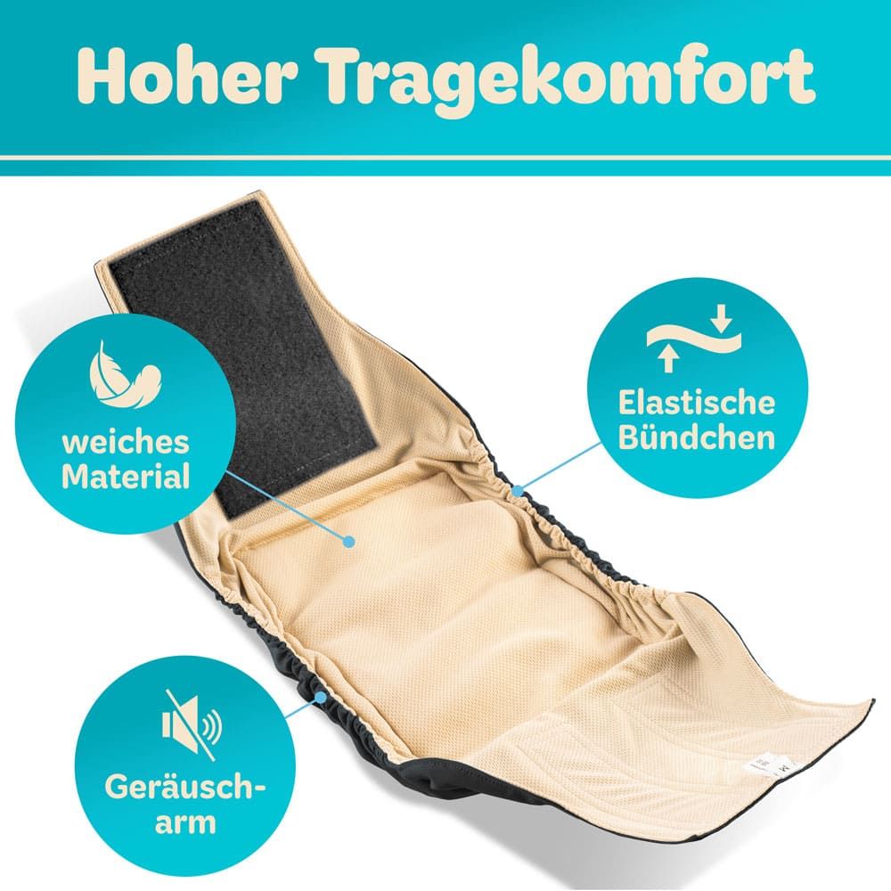 Offene Windel mit weichem Material, elastischen Bündchen und geräuscharm. Text: Hoher Tragekomfort.