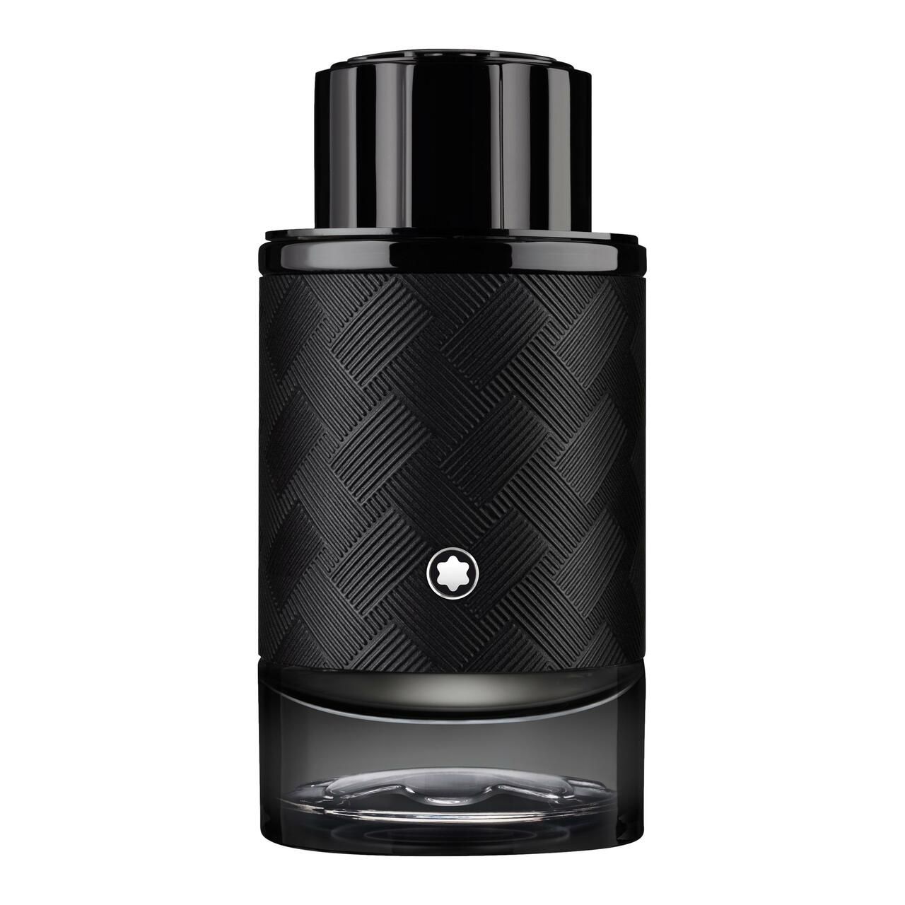 Schwarzer Flakon mit gewebter Textur und schwarzem Verschluss. Montblanc-Logo. Transparenter Boden.