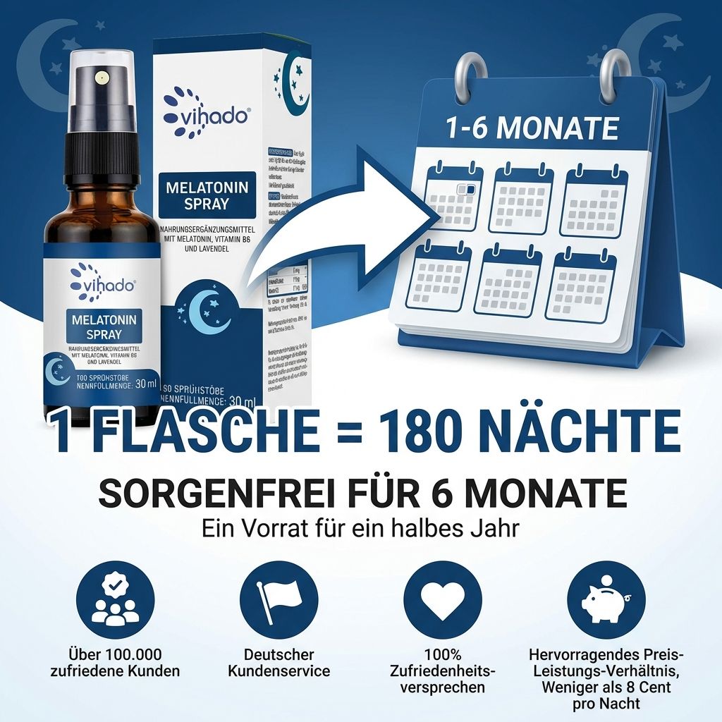 Vihado Melatonin Spray: 1 Flasche für 180 Nächte, 6 Monate Vorrat. 100.000 zufriedene Kunden, deutscher Kundenservice, Zufriedenheitsversprechen.