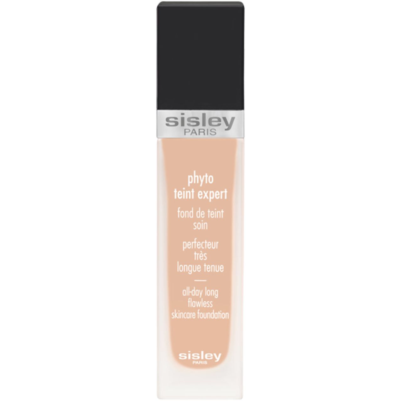 Sisley Phyto-Teint Expert. Flasche mit schwarzem Deckel. Text: 'all-day long flawless skincare foundation'.