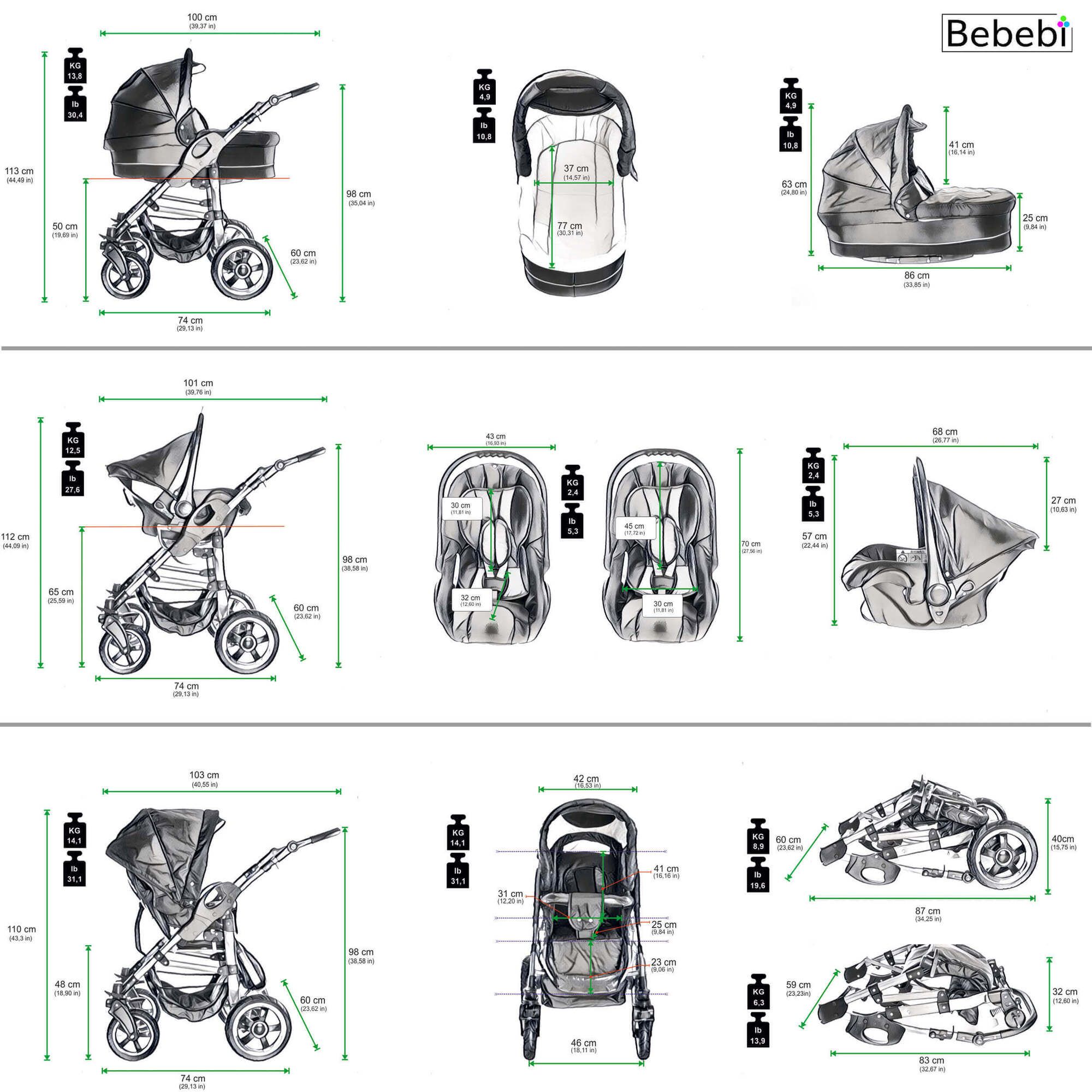 Bebebi Paris 4 in 1 Kinderwagen Komplettset ISOFIX Basis Luftreifen, Concord