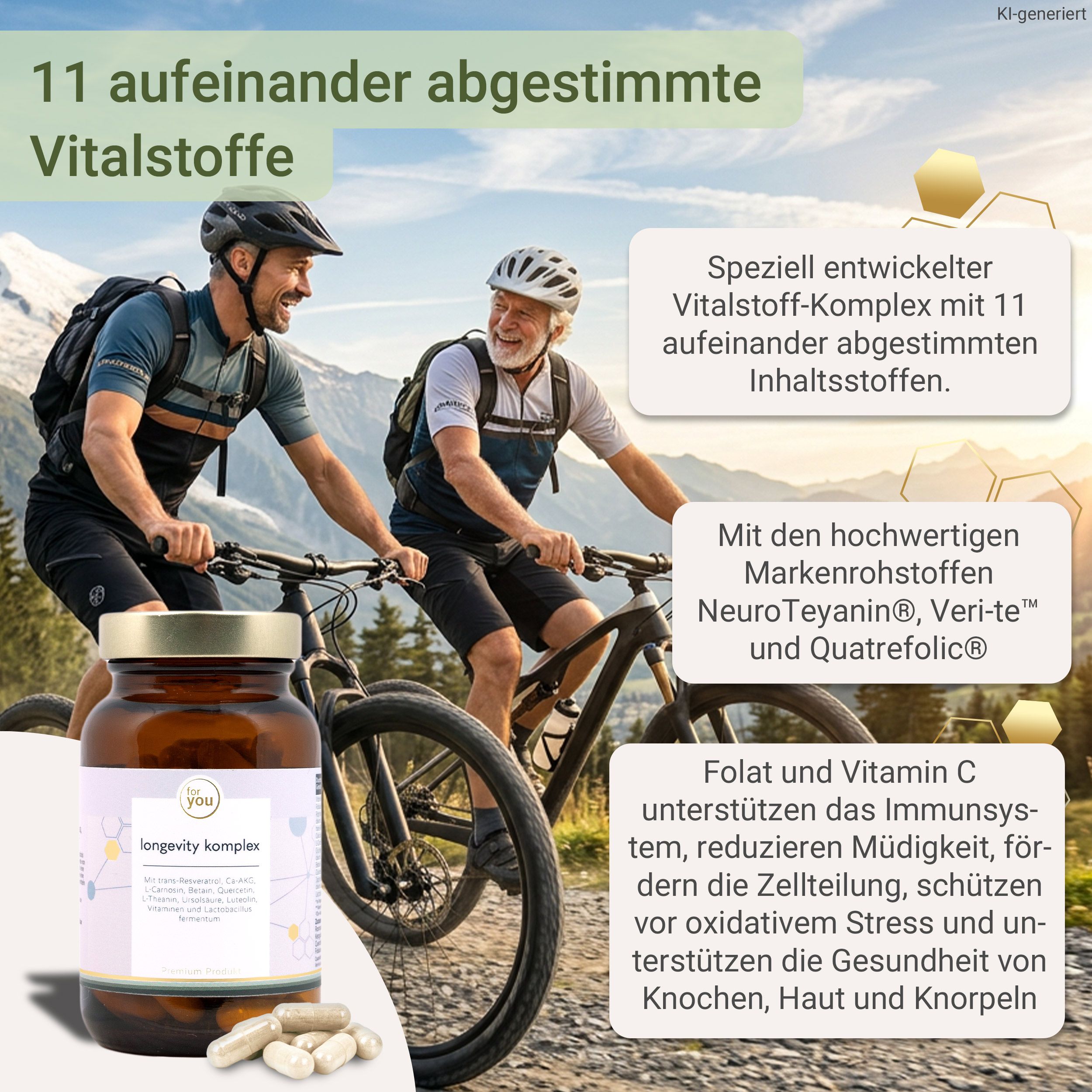 Braune Glasflasche mit Kapseln und Text "11 aufeinander abgestimmte Vitalstoffe". Zwei Männer radeln im Hintergrund.