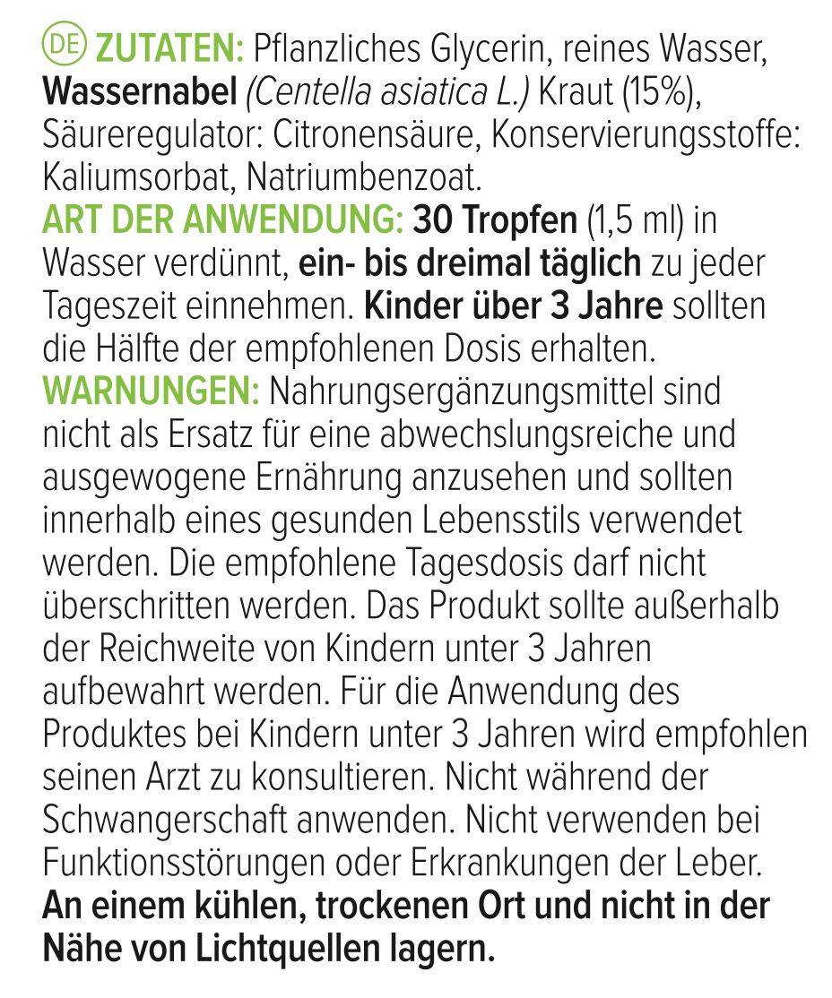 Text auf weißem Hintergrund. Zutaten, Anwendungshinweise und Warnhinweise für ein Produkt.