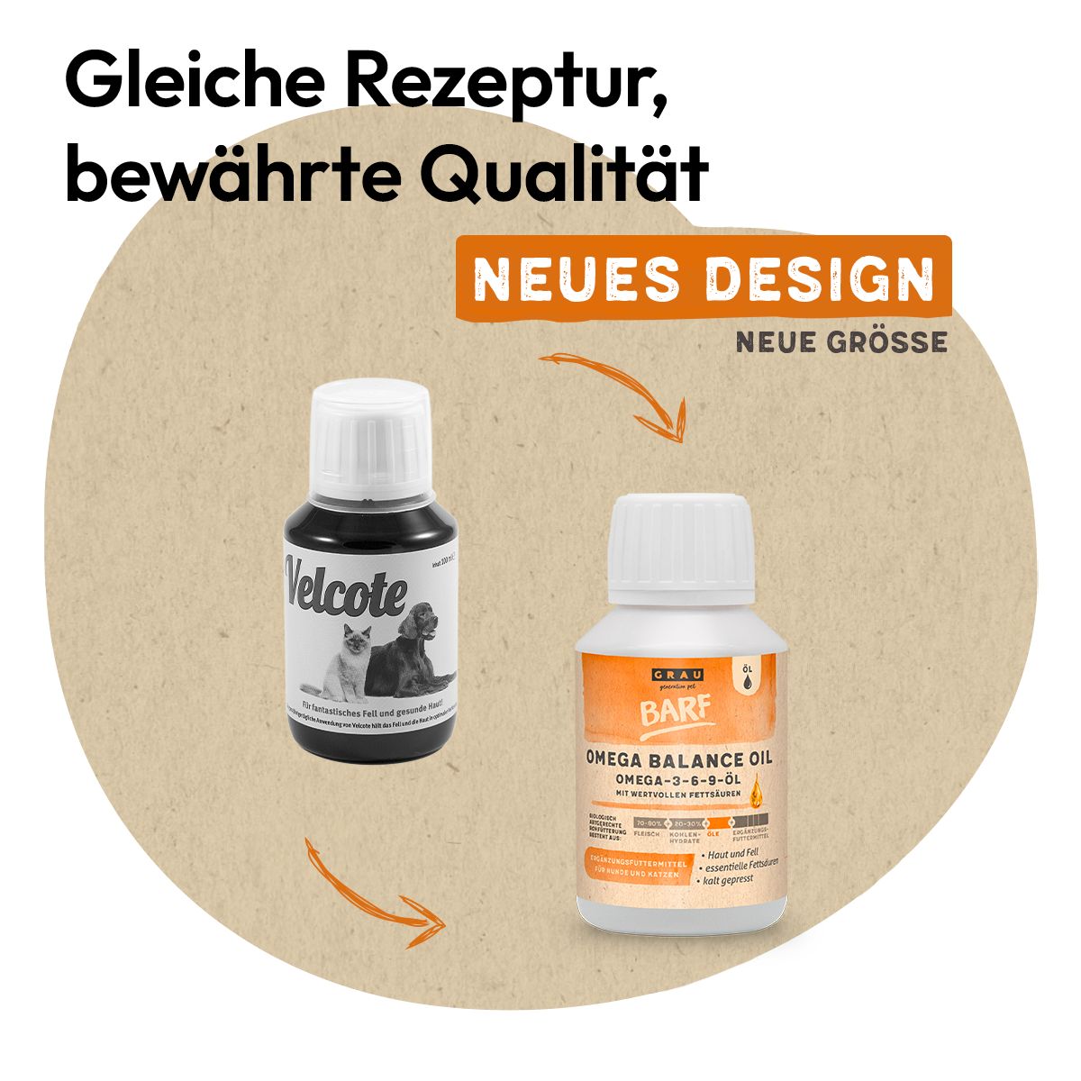 Zwei Flaschen Hundefutterzusatz: Velcote und BARF Omega Balance Oil.