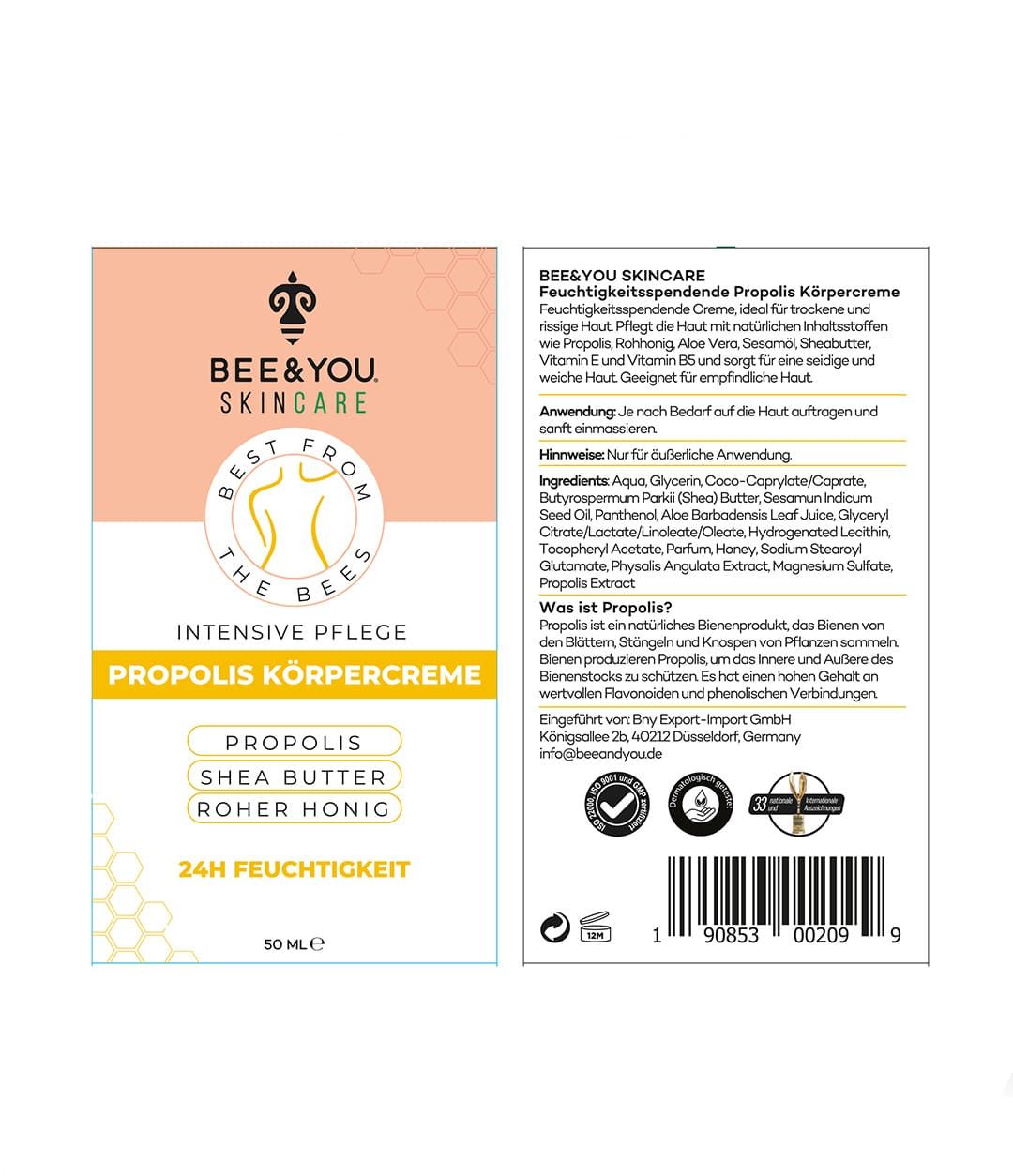 Verpackung mit Aufschrift BEE&YOU SKINCARE, Propolis Körpercreme, 24h Feuchtigkeit, 50ml.