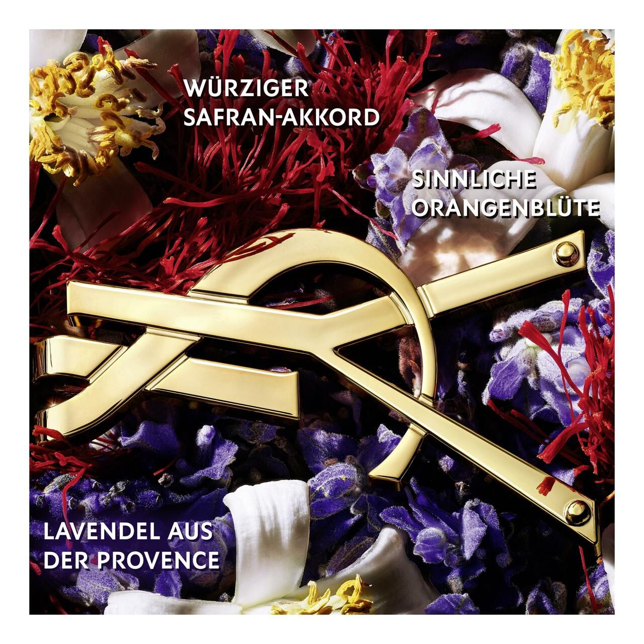 Goldenes Logo auf Blüten und Kräutern. Text: Würziger Safran-Akkord, Sinnliche Orangenblüte, Lavendel aus der Provence.