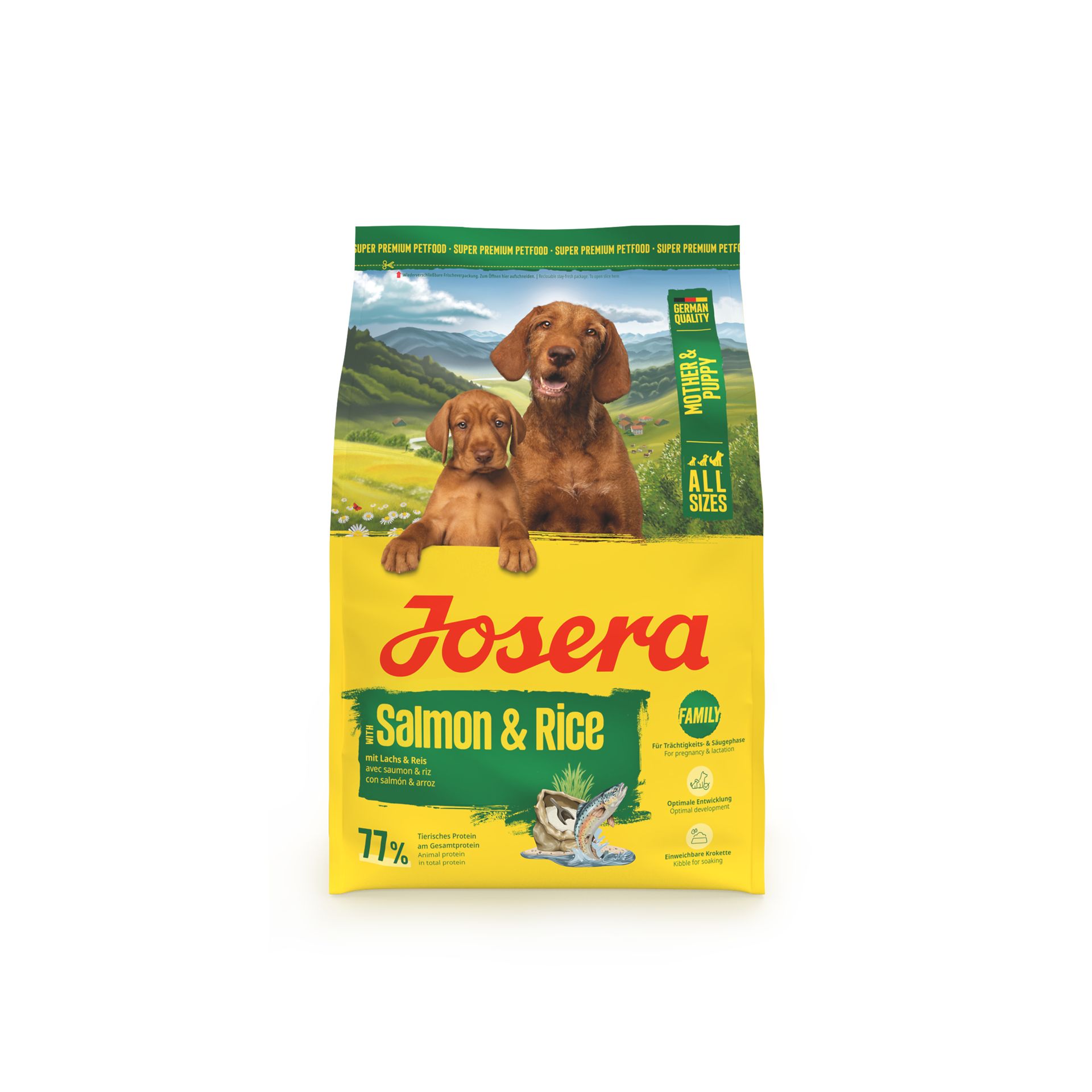 Josera Mother & Puppy Lachs & Reis Hundefutter-Sack mit zwei Hunden auf der Vorderseite.