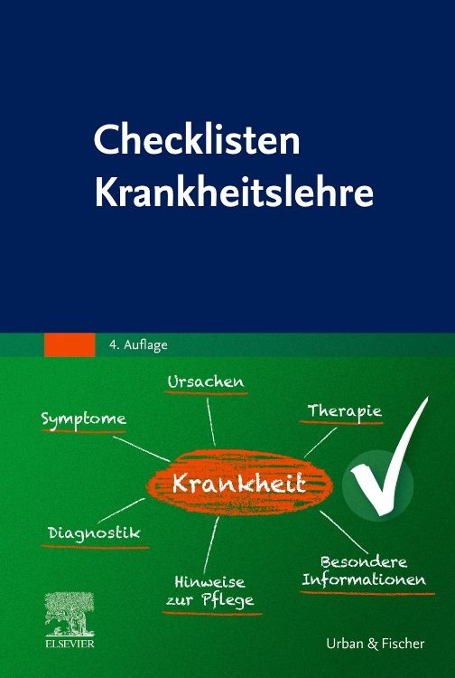 Buchcover mit Titel "Checklisten Krankheitslehre". Auf grünem Hintergrund Diagramm mit Begriffen wie Symptome, Therapie. Verlag Urban & Fischer.