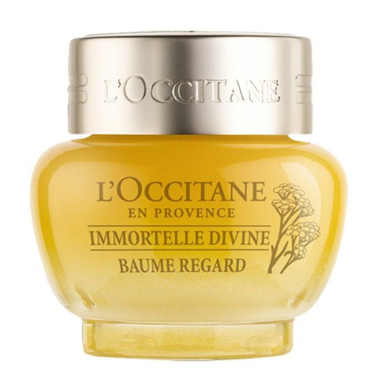 Gelb-transparenter Tiegel mit silbernem Deckel. Aufschrift: L'Occitane, Immortelle Divine Baume Regard.
