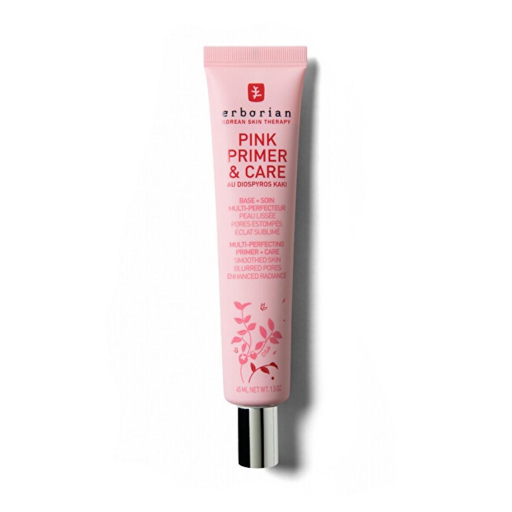 Rosa Tube mit silberner Kappe. Erborian Pink Primer & Care. Text und Logo. 1.0 oz.