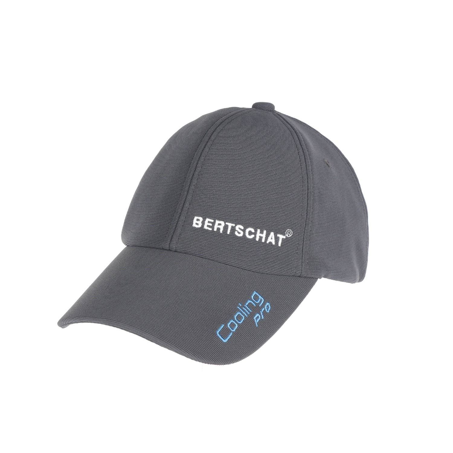 Graue Kühlkappe mit weißem "BERTSCHAT"-Schriftzug und blauem "Cooling Pro"-Schriftzug. Baseballkappe-Form.