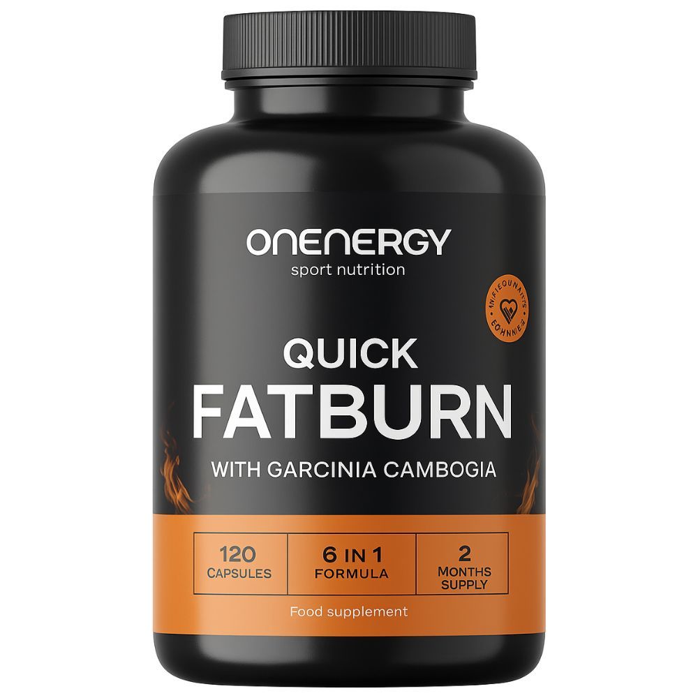 Schwarze Flasche mit "Onenergy Quick FatBurn"-Etikett. Enthält 120 Kapseln. Orangefarbene Akzente. "6 in 1 Formula" und "2 Months Supply" sind ebenfalls angegeben.