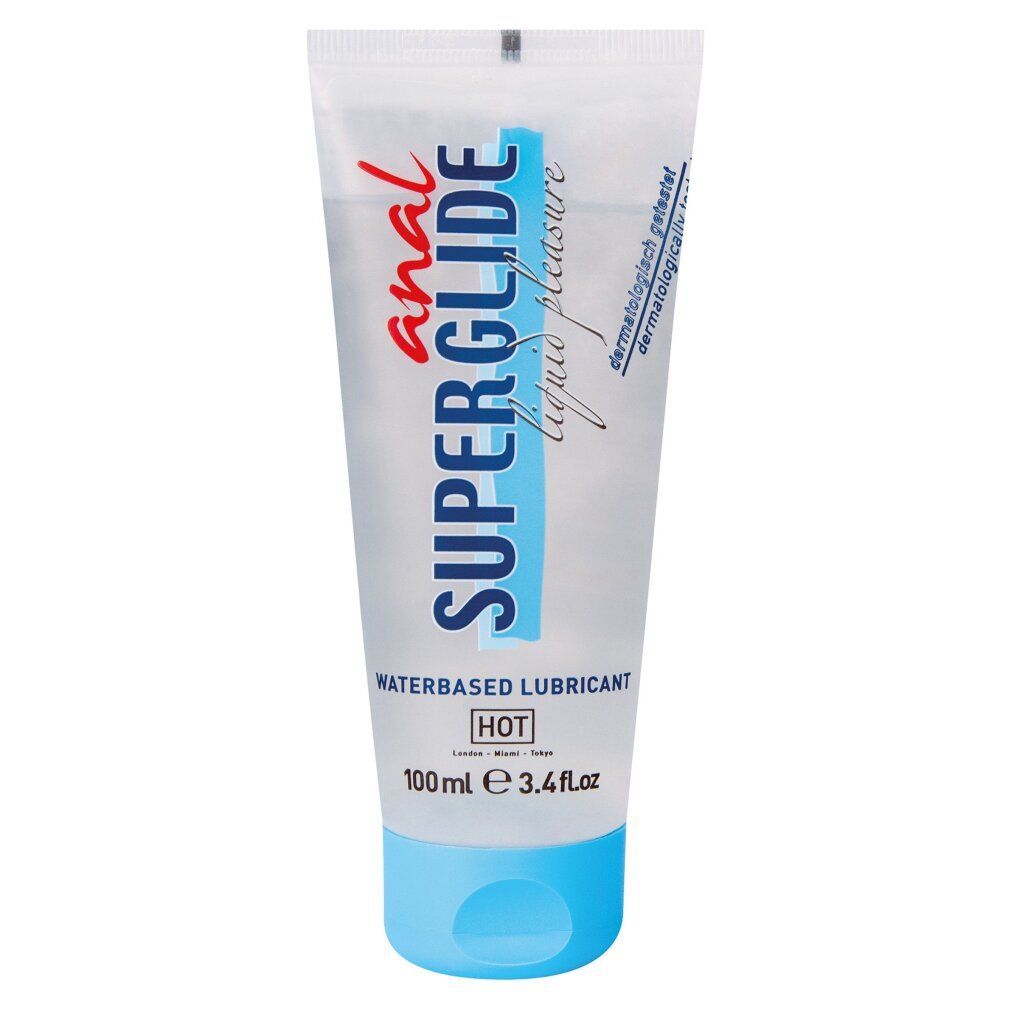 Tube mit "ANAL SUPERGLIDE"-Schriftzug. Wasserbasiertes Gleitmittel. "HOT"-Kennzeichnung. Dermatologisch getestet. Blaue Kappe.