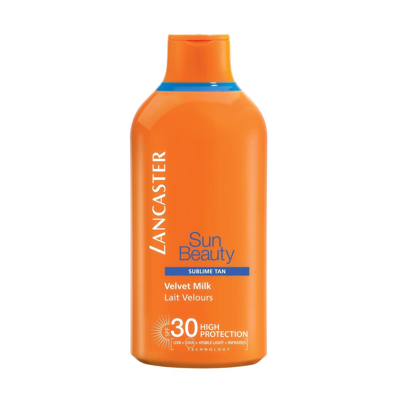 Orangefarbene Flasche mit Lancaster-Logo und Produktbezeichnung. Enthält SPF 30.