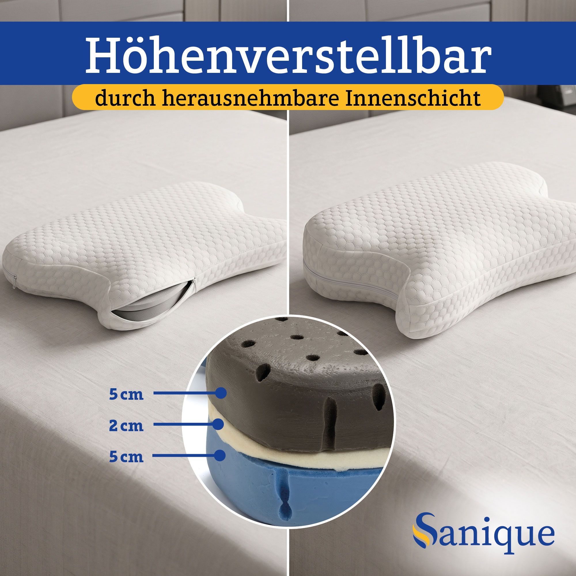 Orthopädisches Kissen mit Maßen 52x37x37 cm und einem Gewicht von 1,5 kg.