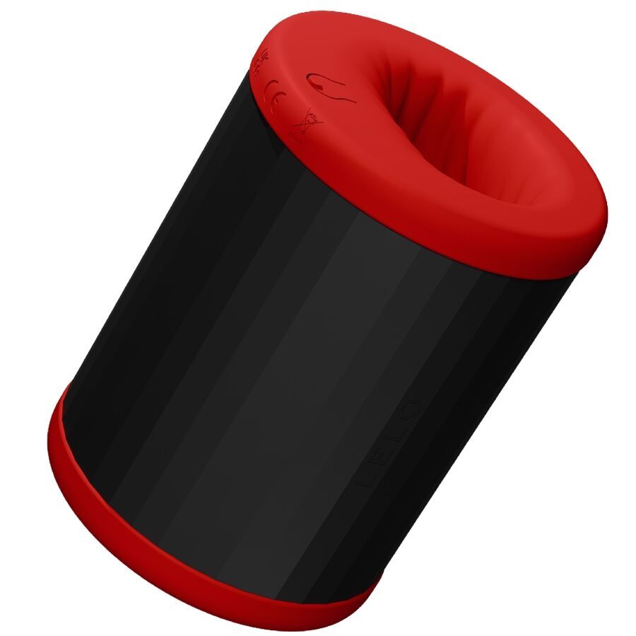 Zylindrisches Gerät, schwarz mit roten Akzenten. Roter Rand. Geometrisches Design. Oberseite mit Öffnung.