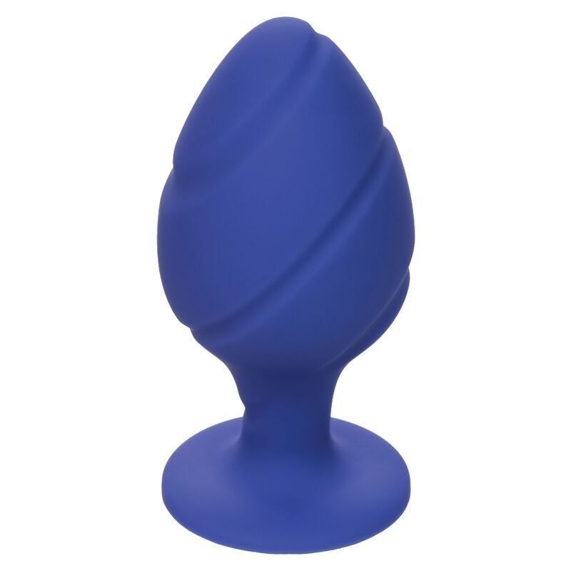 Blauer Analplug aus Silikon. Strukturierte Oberfläche mit spiralförmigen Rillen. Basis mit rundem Fuß.