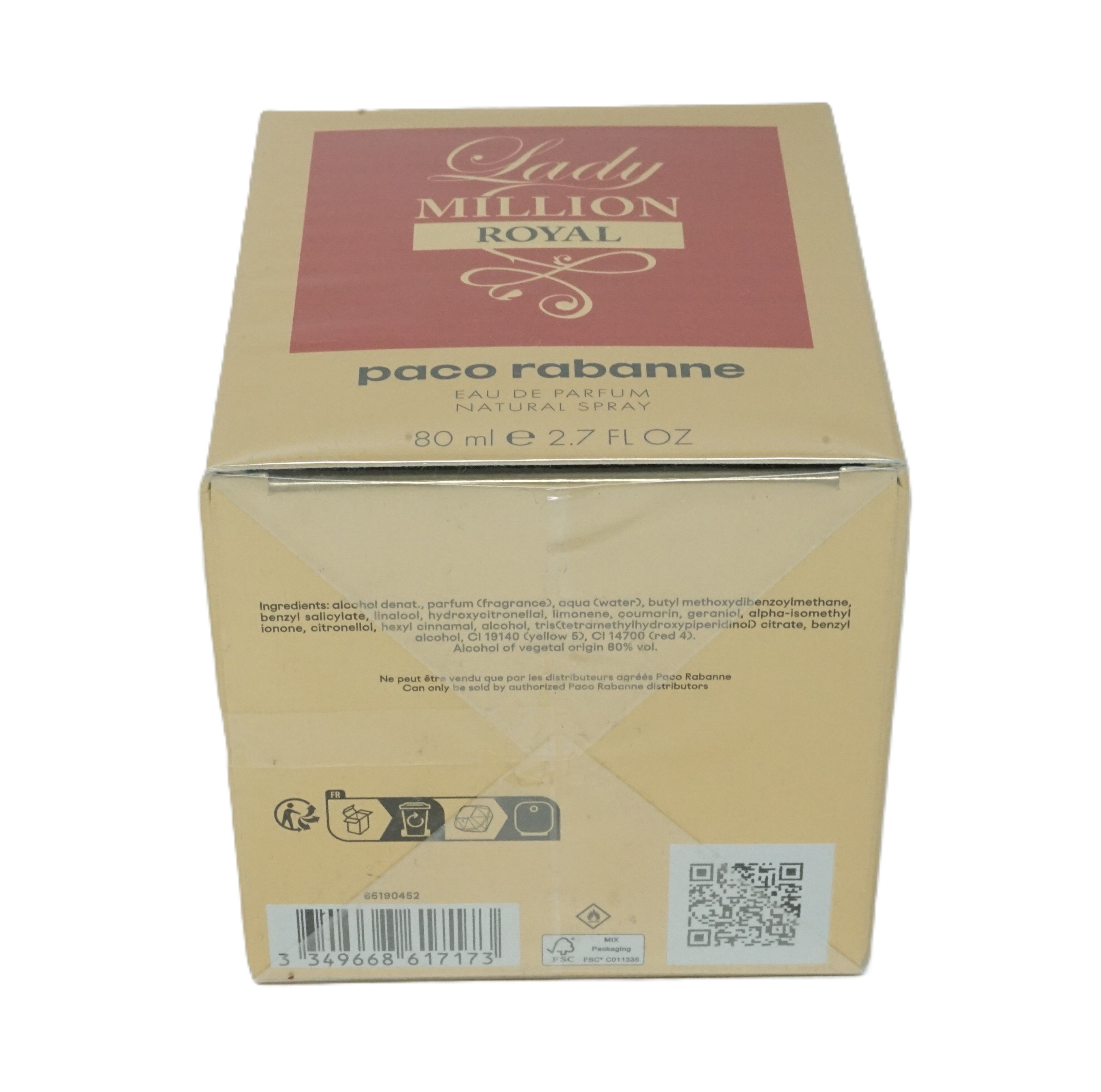 Rückseite eines goldfarbenen Kartons. Aufschrift: Lady Million Royal, Inhaltsstoffe, QR-Code, Barcode.