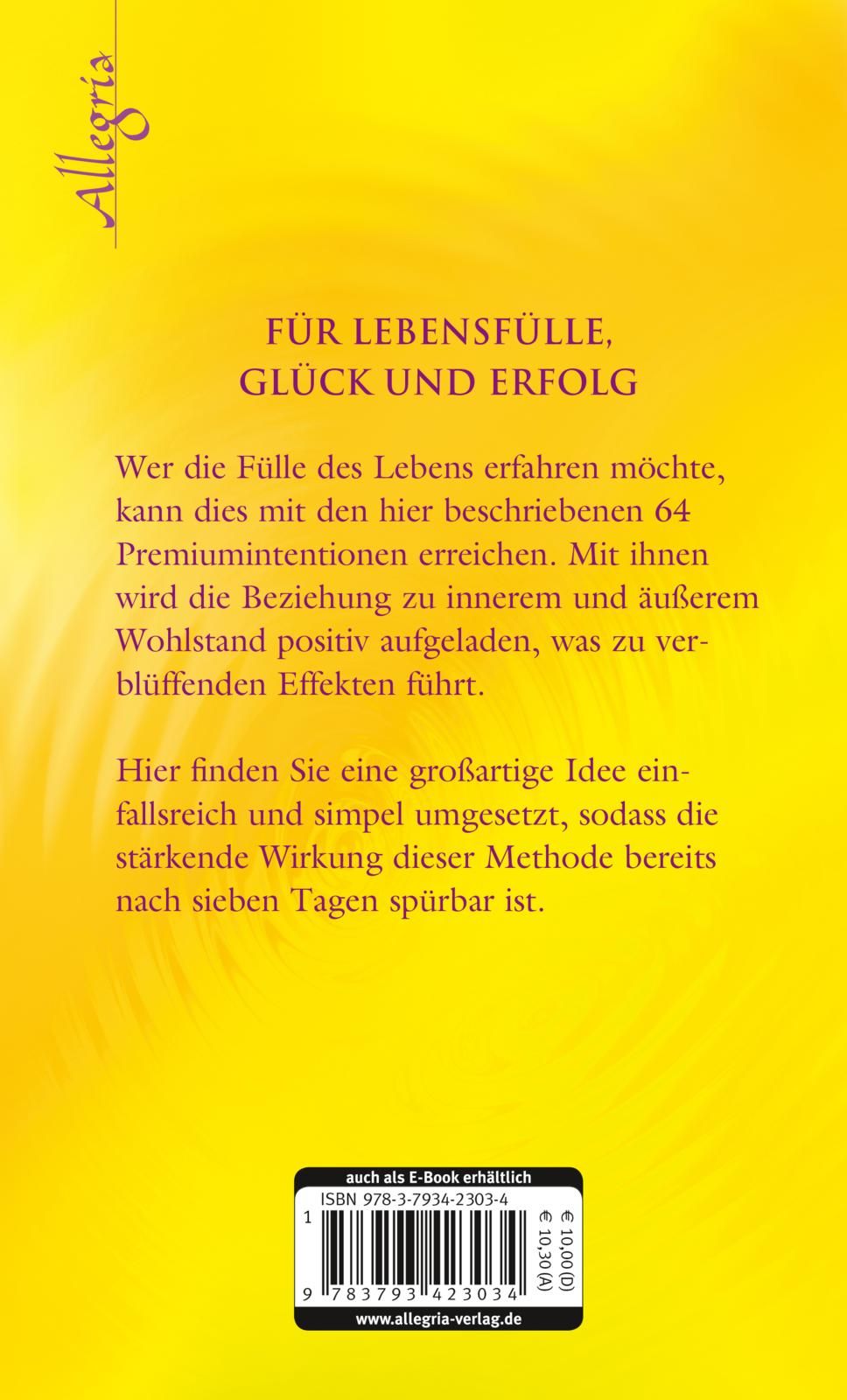 Buchrückseite mit Text. Gelber Hintergrund. Text in deutscher Sprache. Allegria-Logo und ISBN-Code.
