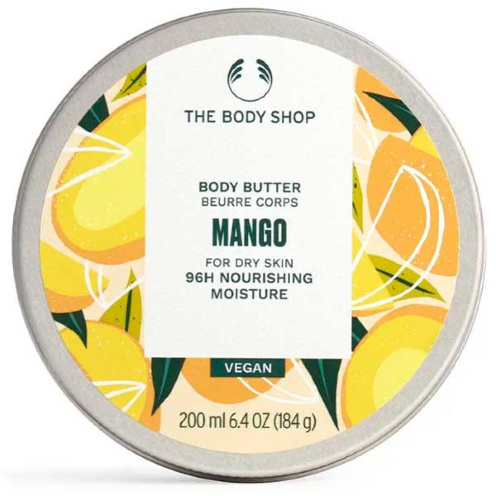 Runde Dose mit Mango-Design. Aufschrift: Body Butter Mango, für trockene Haut, 96h Feuchtigkeit. Vegan. 200 ml.