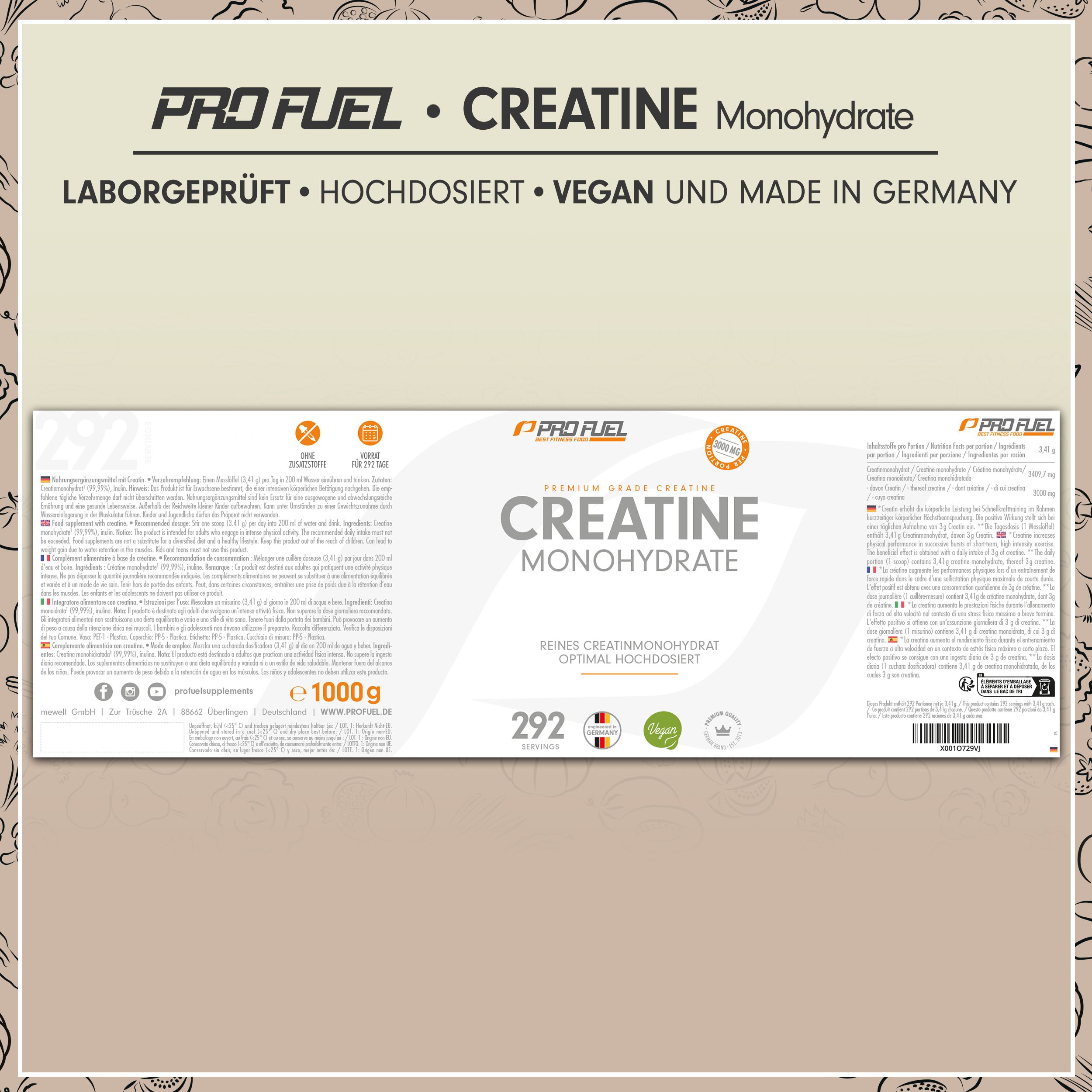ProFuel Creatine Monohydrate-Etikett. Text: 1000g, 292 Portionen, vegan, Laborgeprüft, Made in Germany.