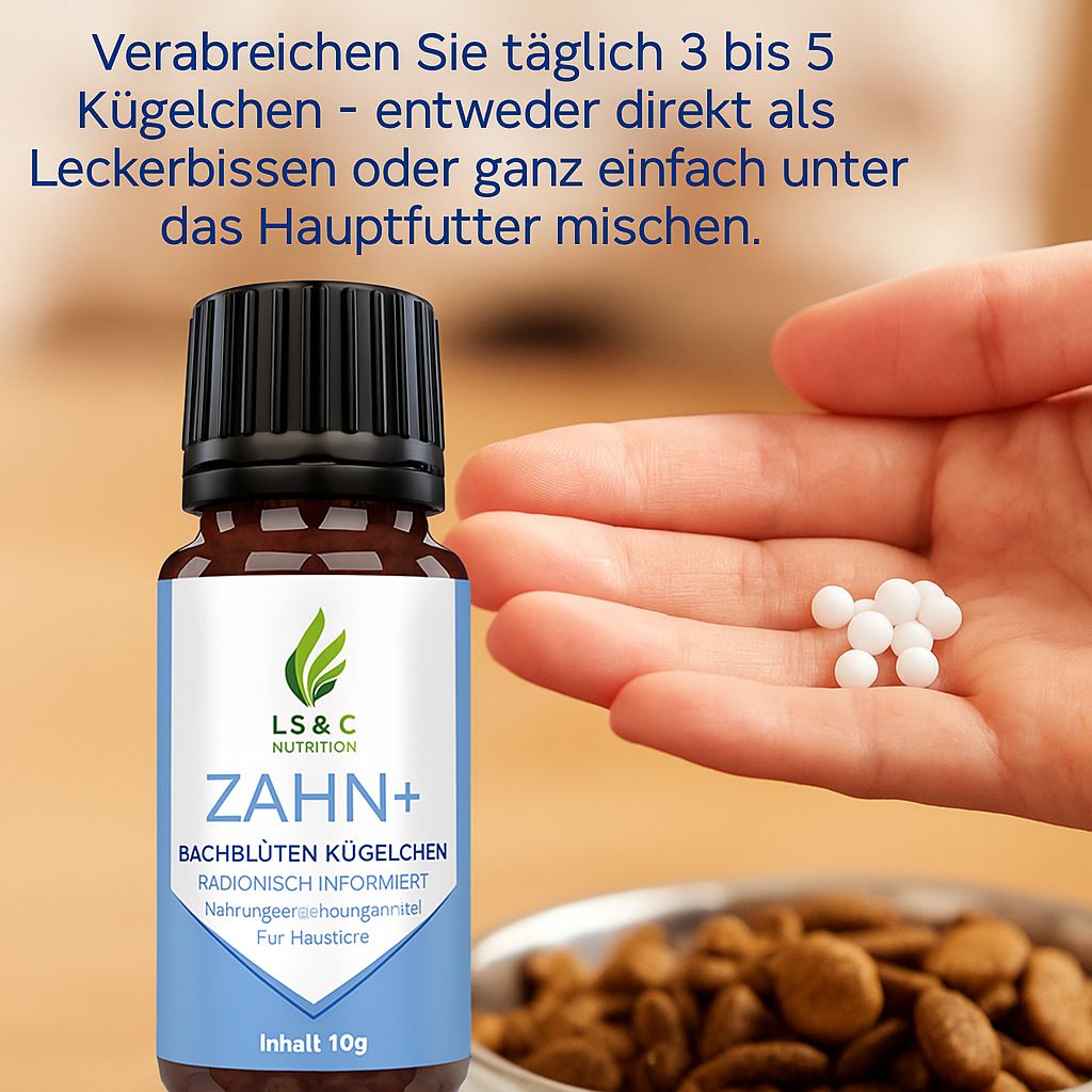 Braune Glasflasche mit schwarzem Deckel. Etikett mit Logo, Produktname ZAHN+ und Text. Hand mit Kügelchen, Futternapf.