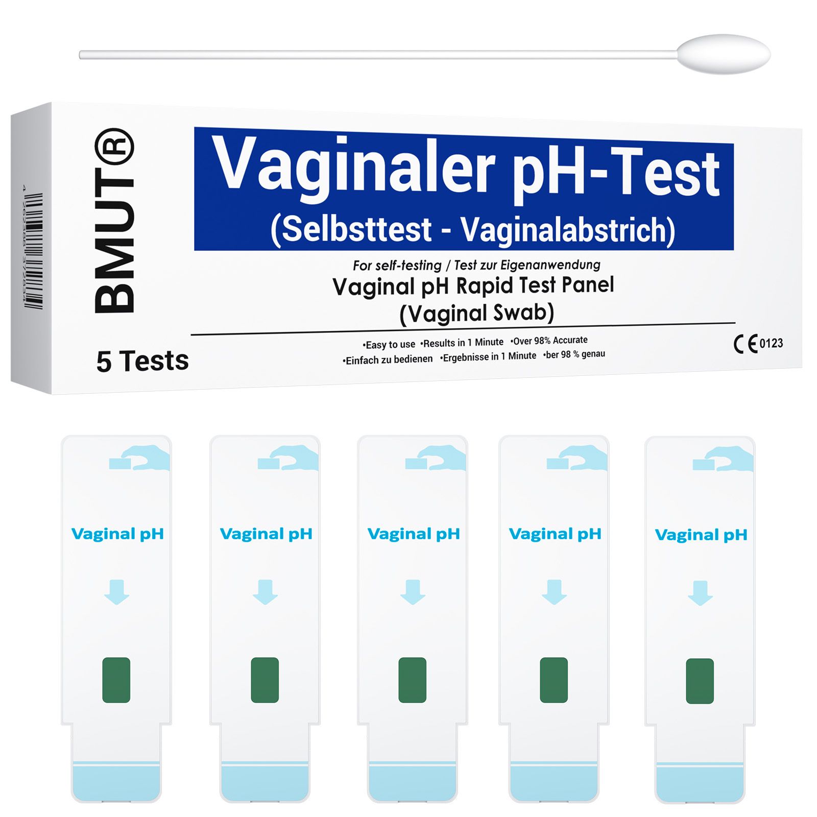 Verpackung mit BMUT Vaginaler pH-Test, 5 Tests, Teststreifen und Tupfer. Aufschrift: Vaginaler pH-Test (Selbsttest).