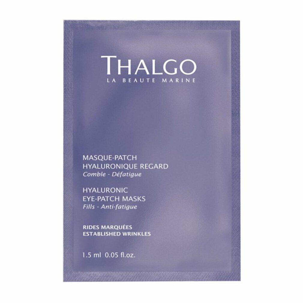 Einzelne Augenmaske in lila Verpackung. Text: Thalgo, Hyaluronique, Augen-Patch Masken. 1,5 ml.