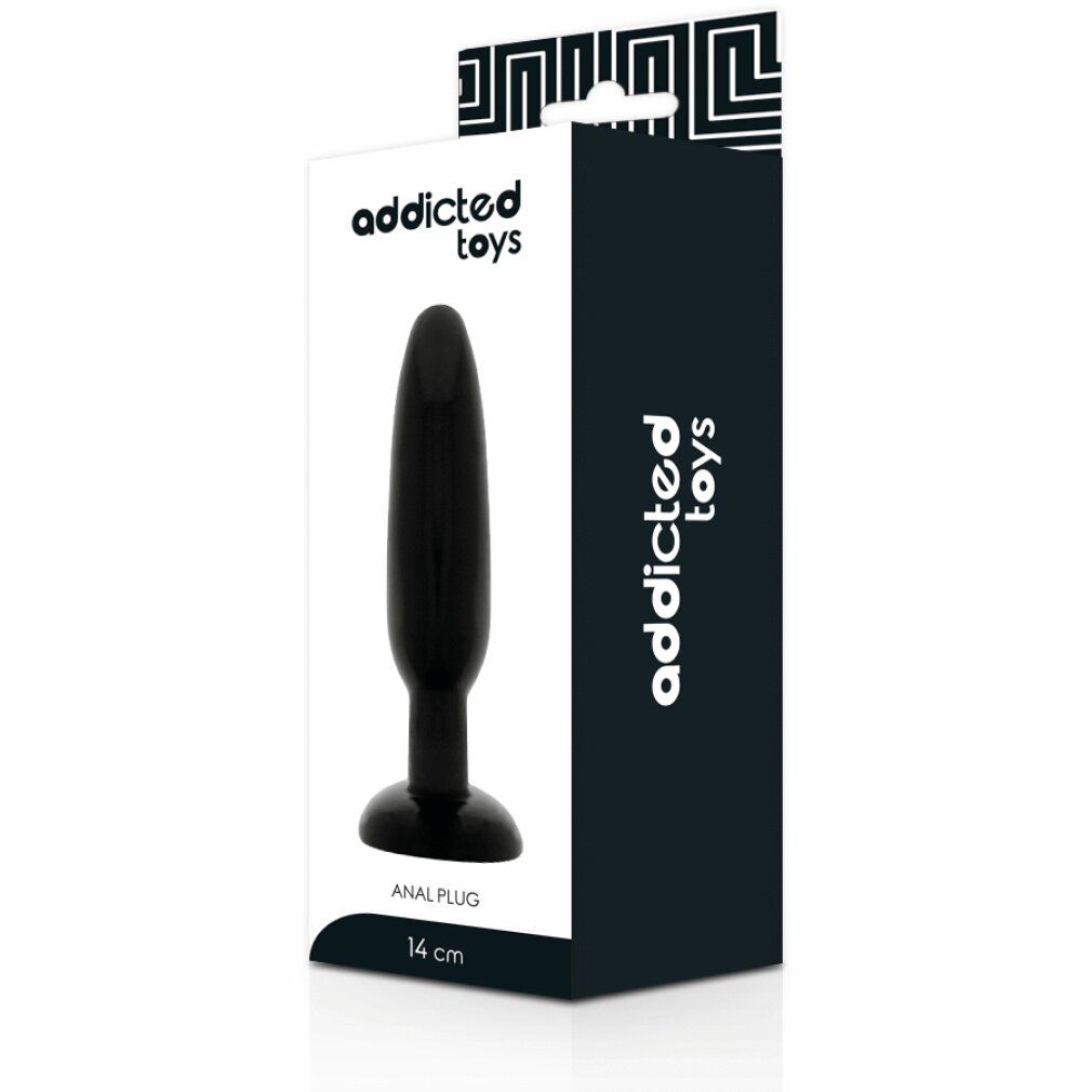 Schwarzer Anal Plug in Verpackung. Marke: Addicted Toys. Größe: 14 cm. Produktbezeichnung: Anal Plug.