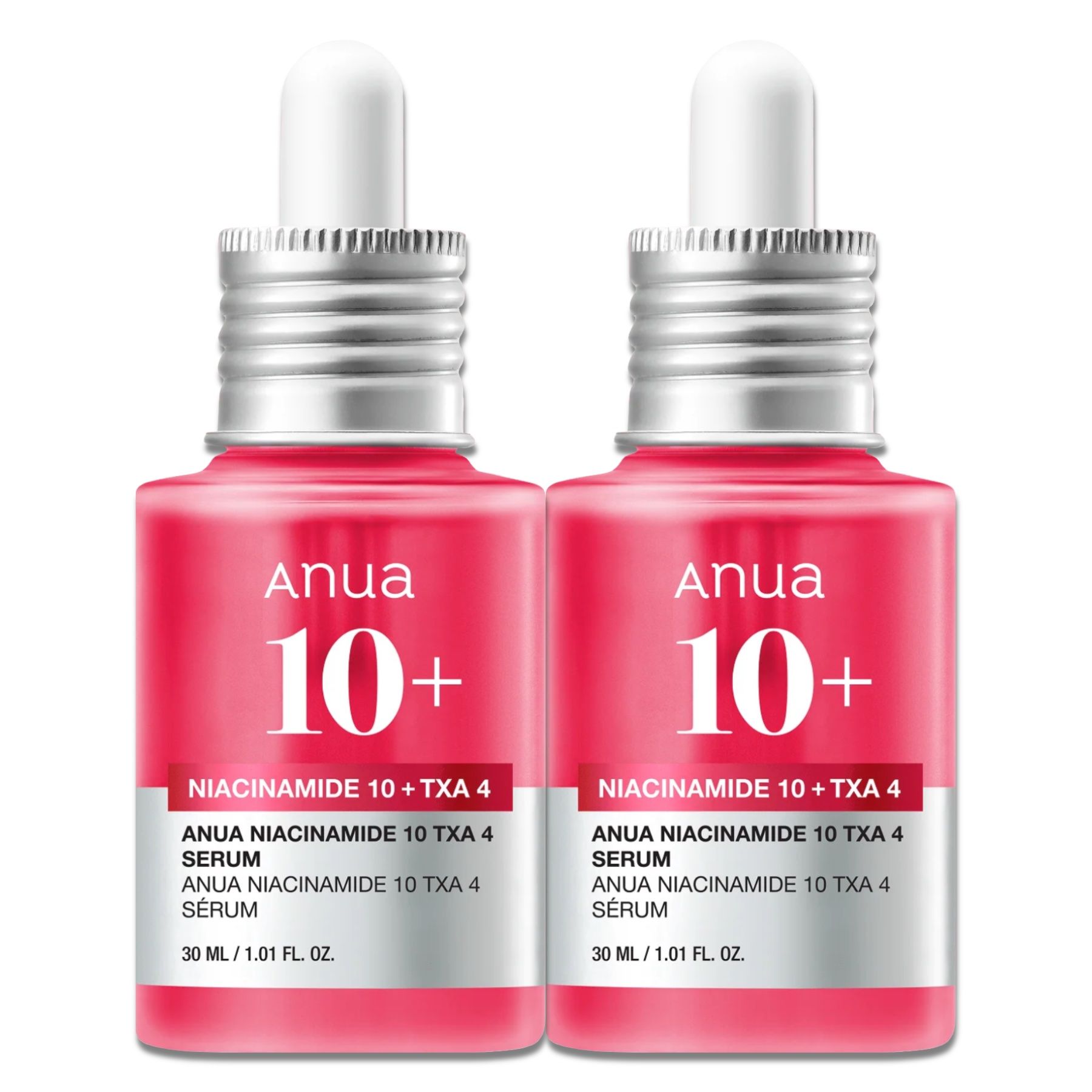Zwei Flaschen Anua 10+ Serum. Rosa Flaschen mit weißem Deckel und Pipette. Text: Niacinamide 10 + TXA 4 Serum.