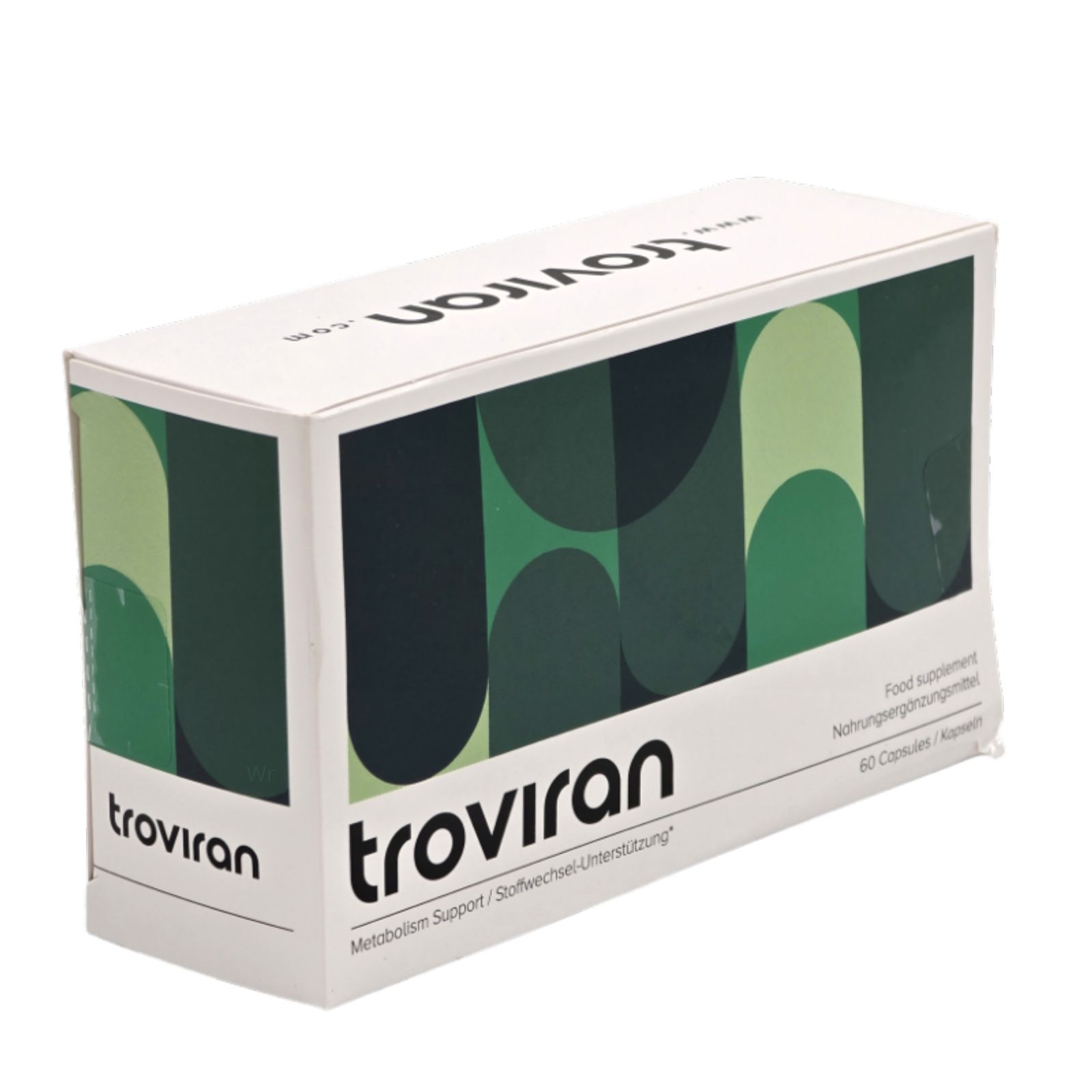 Weiße Verpackung mit grünem Muster und Schriftzug "troviran". Enthält 60 Kapseln. Aufschrift: "Metabolism Support".
