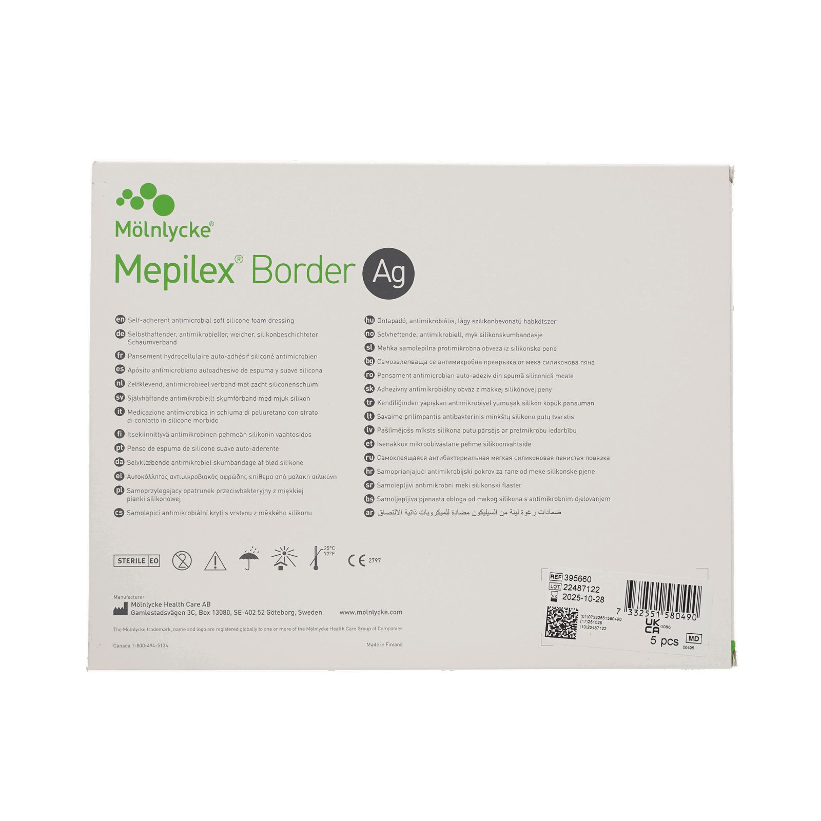 Rückseite der Verpackung von Mepilex Border Ag. Text in mehreren Sprachen. Barcode und Chargennummer.